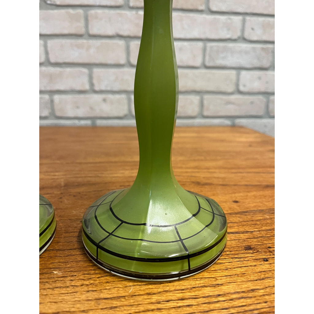 Vintage Pair of Green Bohemian Czech Candlesticks Art Deco 8.5" Czechoslovakia