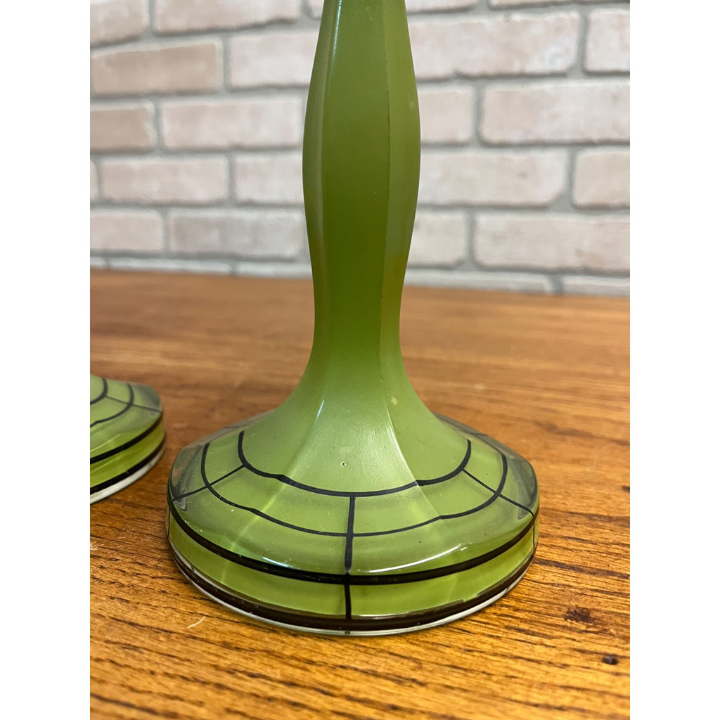 Vintage Pair of Green Bohemian Czech Candlesticks Art Deco 8.5" Czechoslovakia
