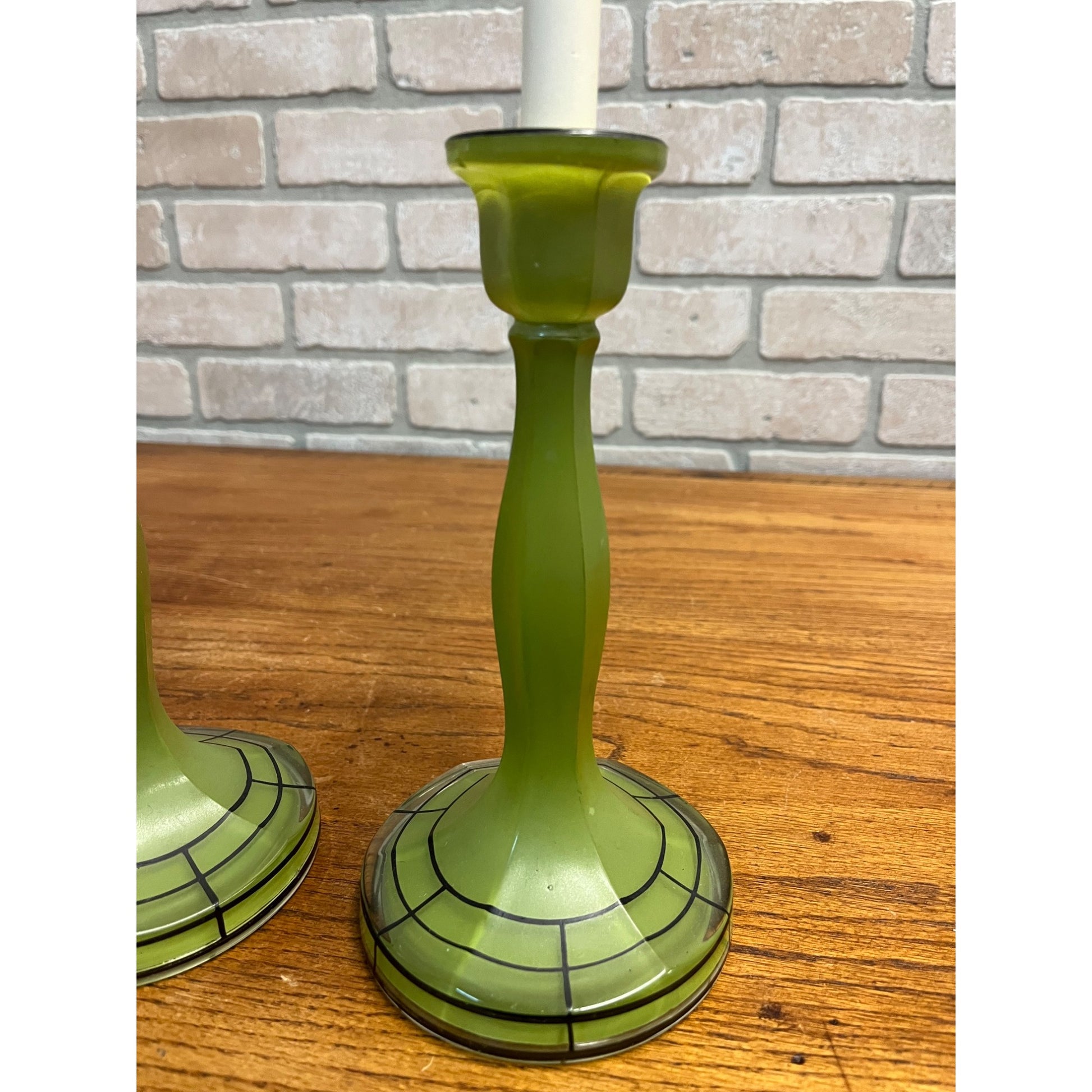 Vintage Pair of Green Bohemian Czech Candlesticks Art Deco 8.5" Czechoslovakia