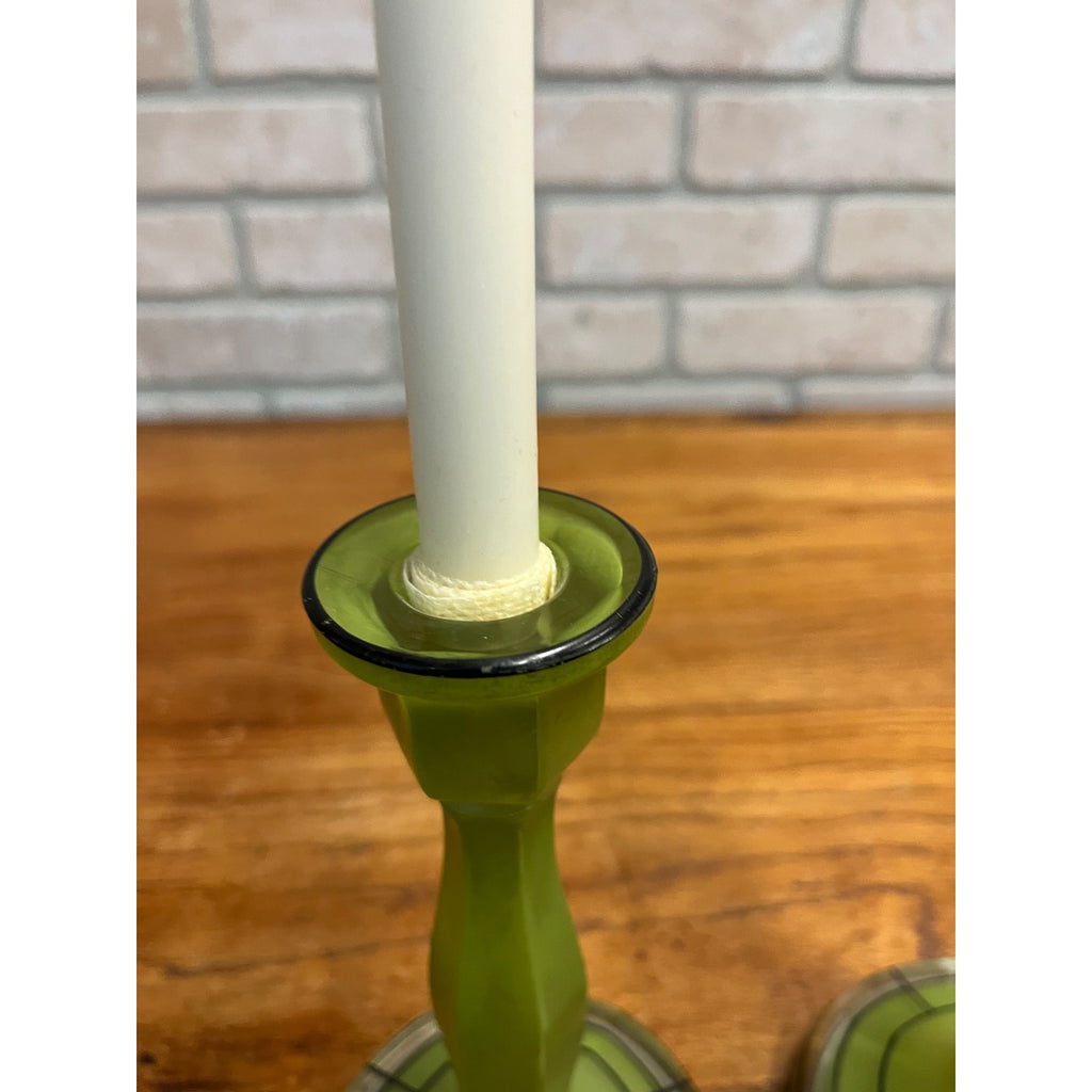 Vintage Pair of Green Bohemian Czech Candlesticks Art Deco 8.5" Czechoslovakia