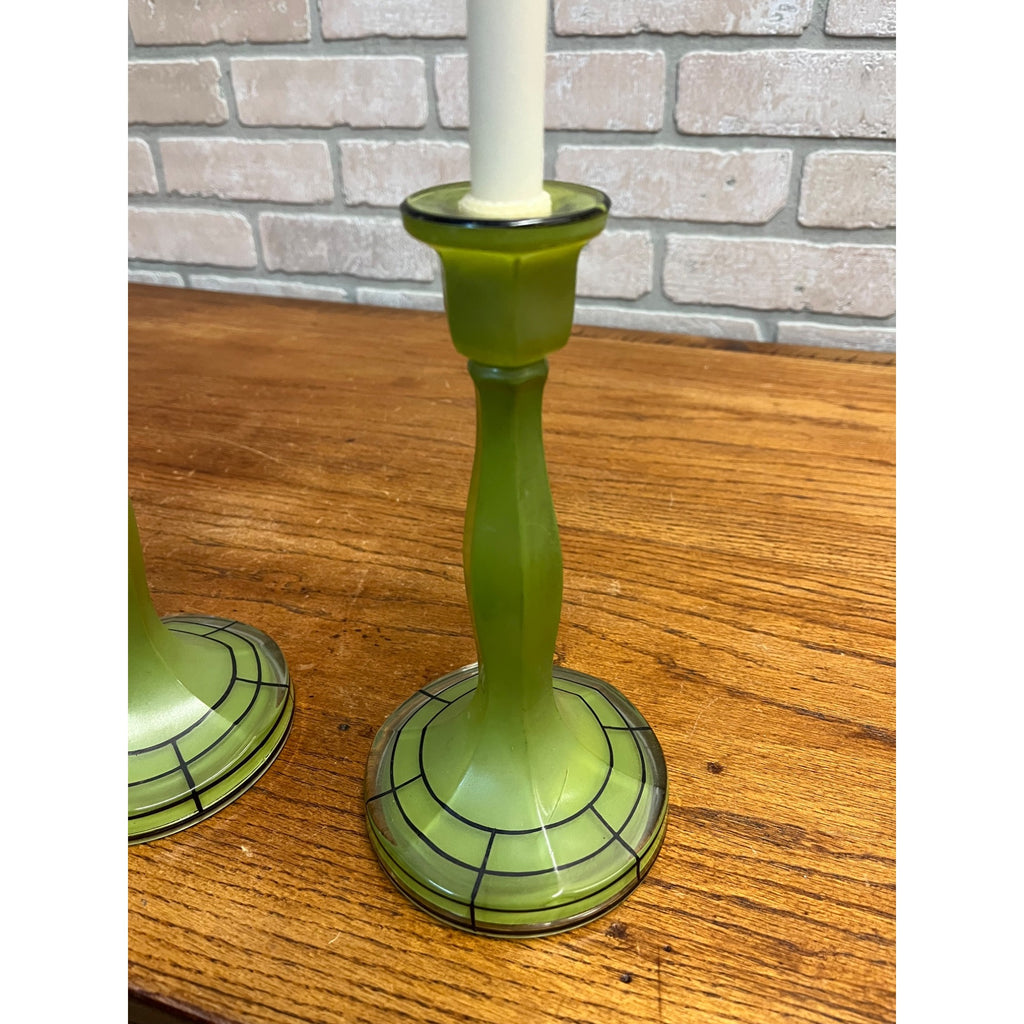 Vintage Pair of Green Bohemian Czech Candlesticks Art Deco 8.5" Czechoslovakia