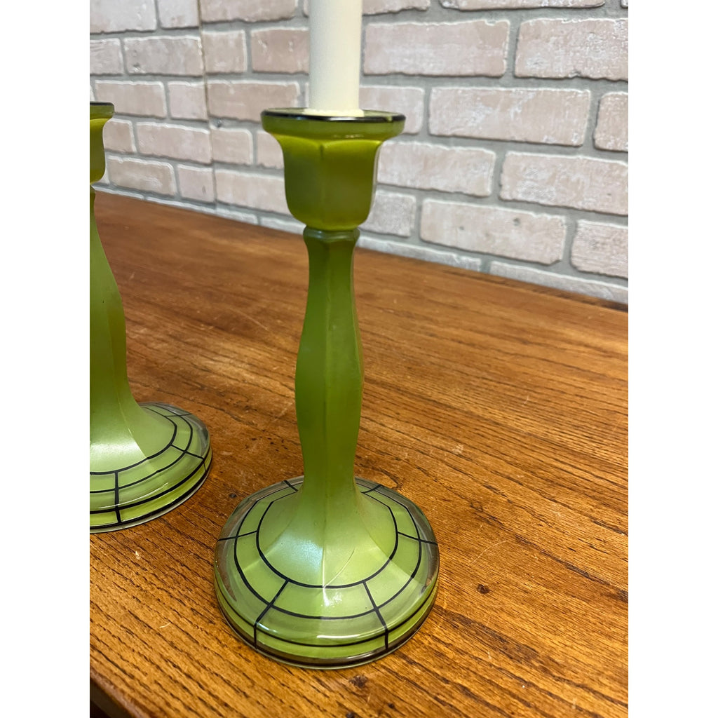 Vintage Pair of Green Bohemian Czech Candlesticks Art Deco 8.5" Czechoslovakia