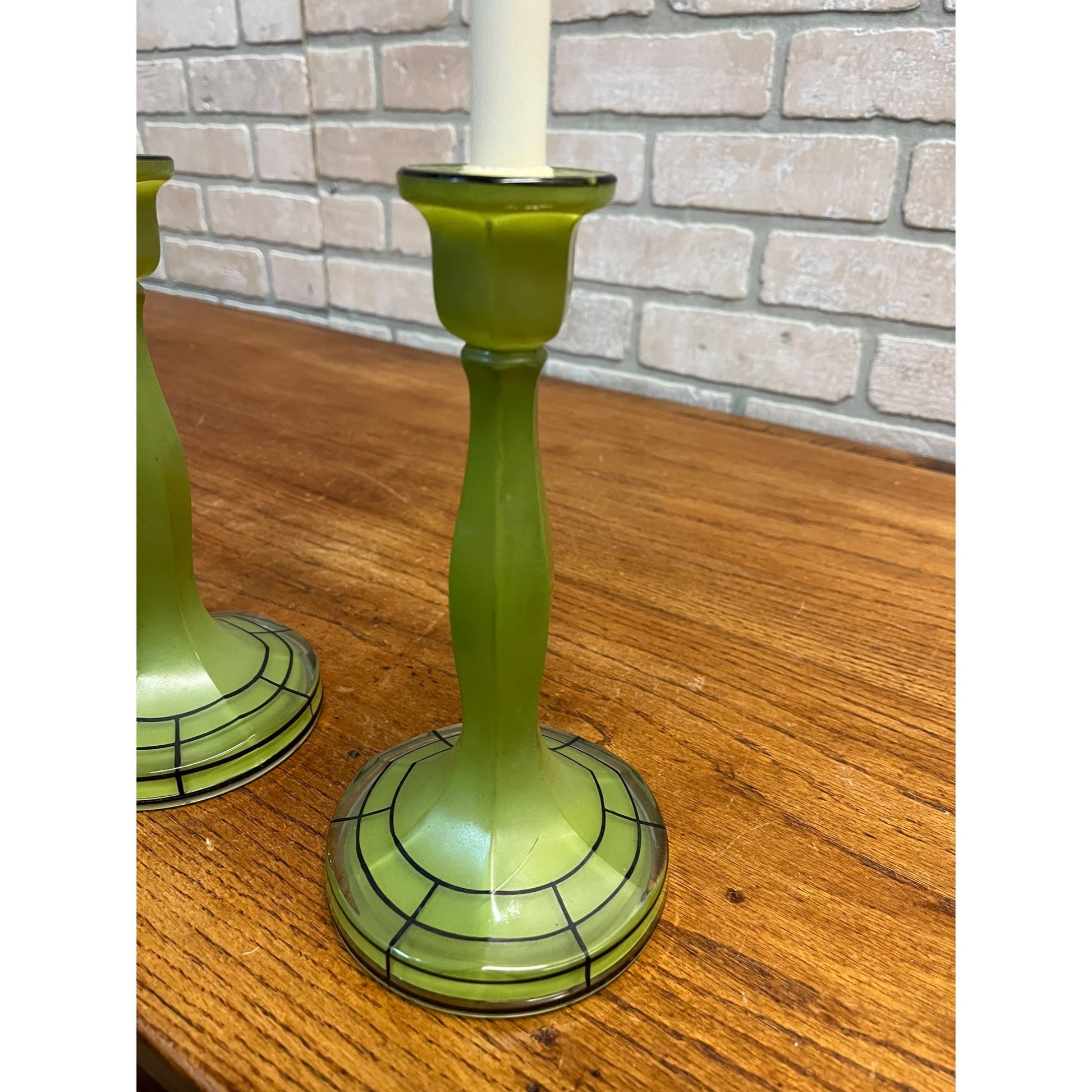 Vintage Pair of Green Bohemian Czech Candlesticks Art Deco 8.5" Czechoslovakia