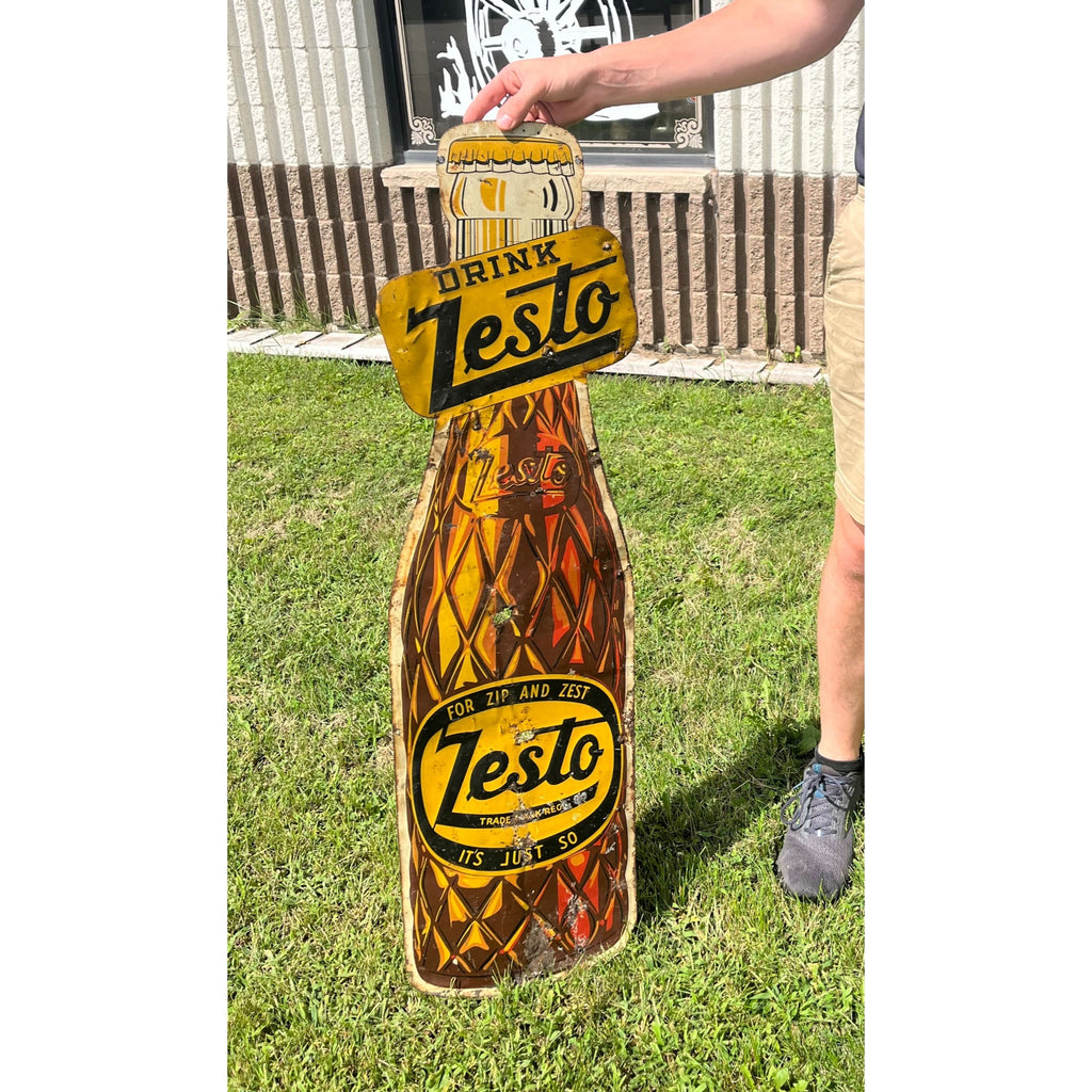 Rare Large Vintage 1930s Zesto Soda Pop Gas Station 44" Embossed Metal Sign