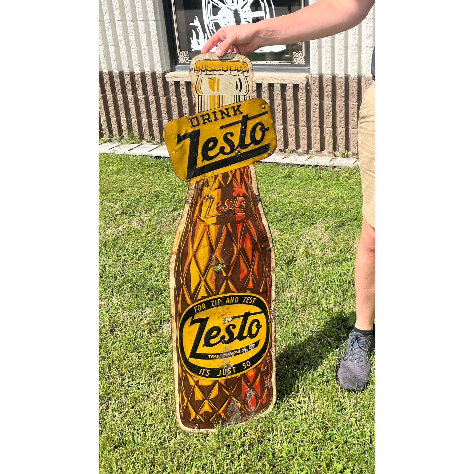 Rare Large Vintage 1930s Zesto Soda Pop Gas Station 44" Embossed Metal Sign