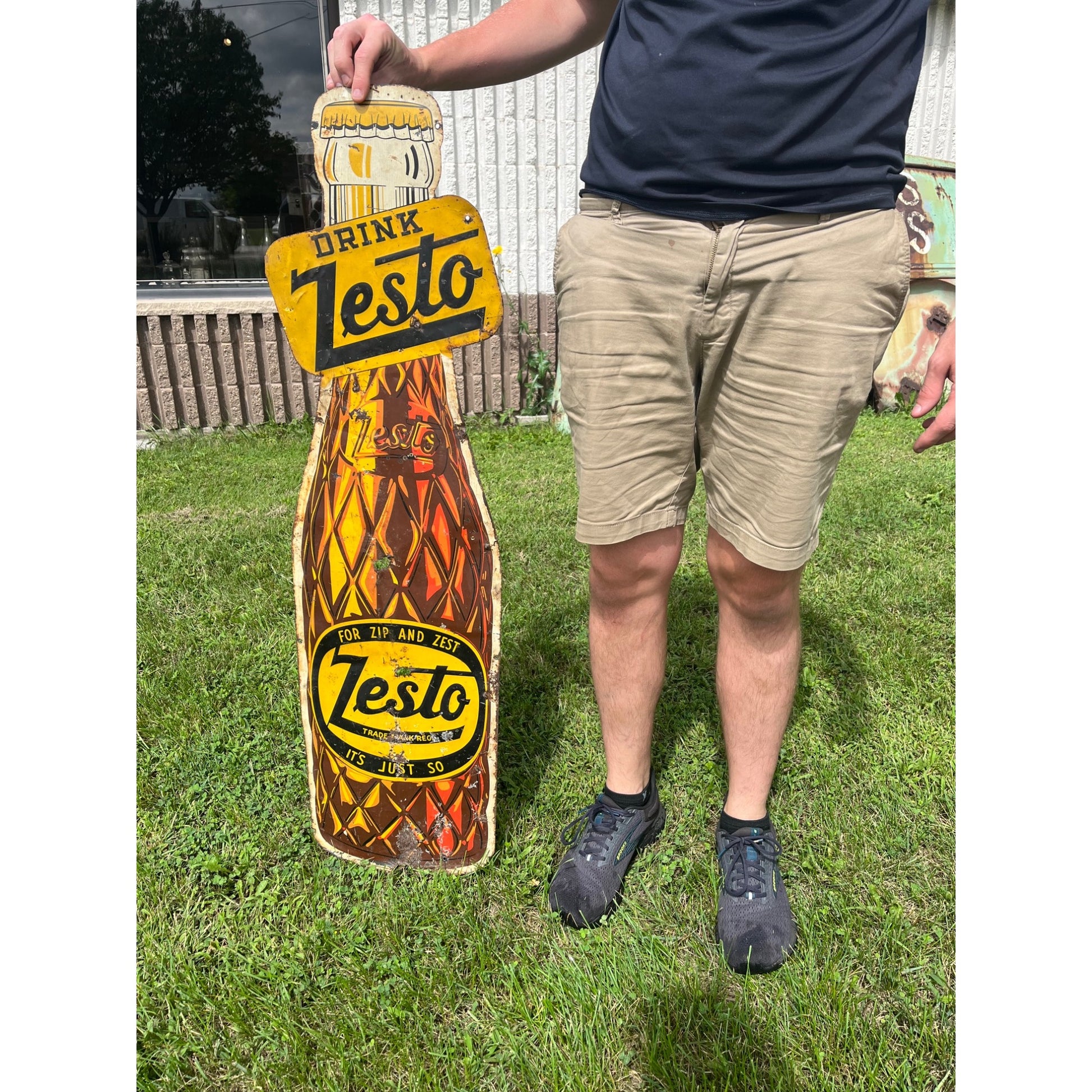 Rare Large Vintage 1930s Zesto Soda Pop Gas Station 44" Embossed Metal Sign