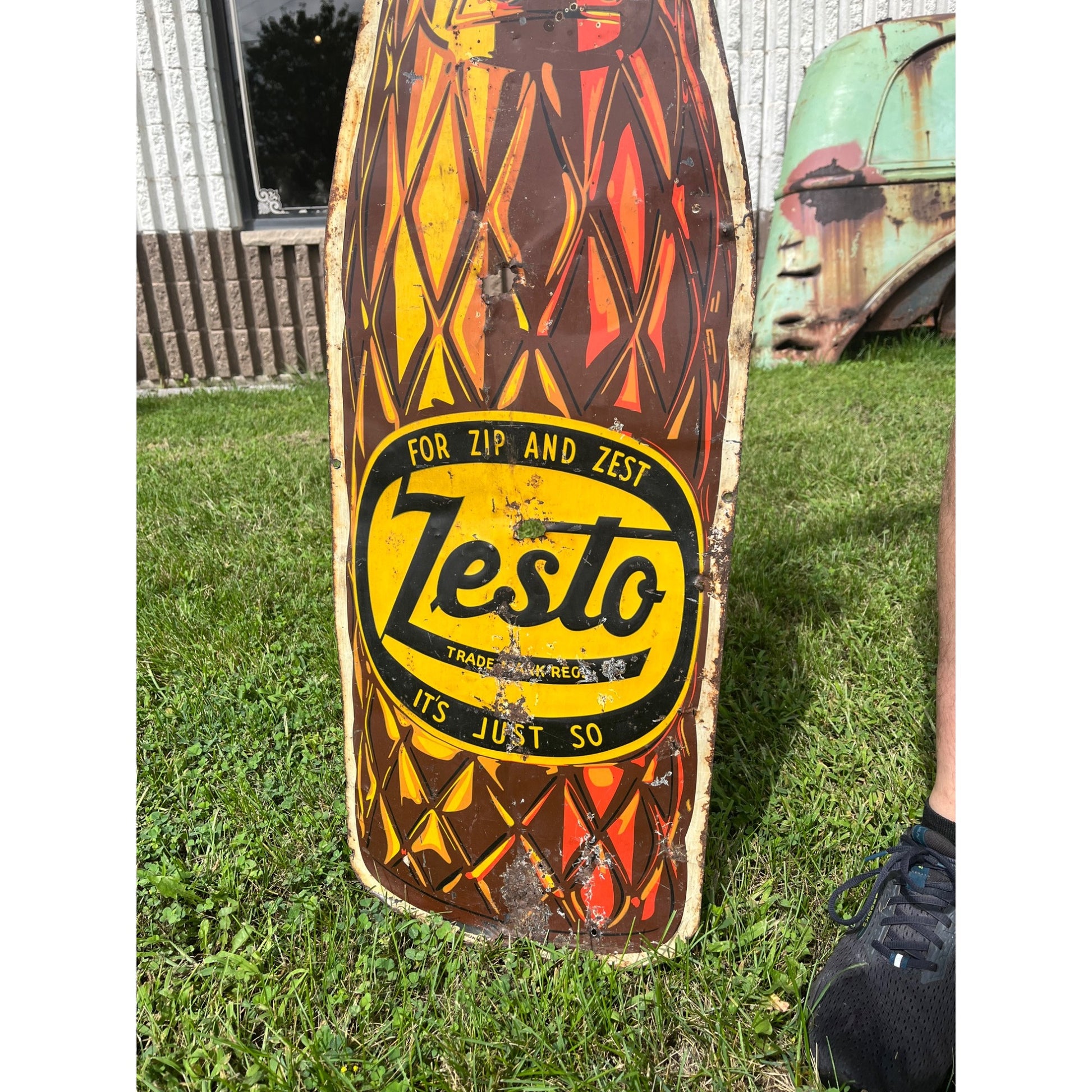 Rare Large Vintage 1930s Zesto Soda Pop Gas Station 44" Embossed Metal Sign