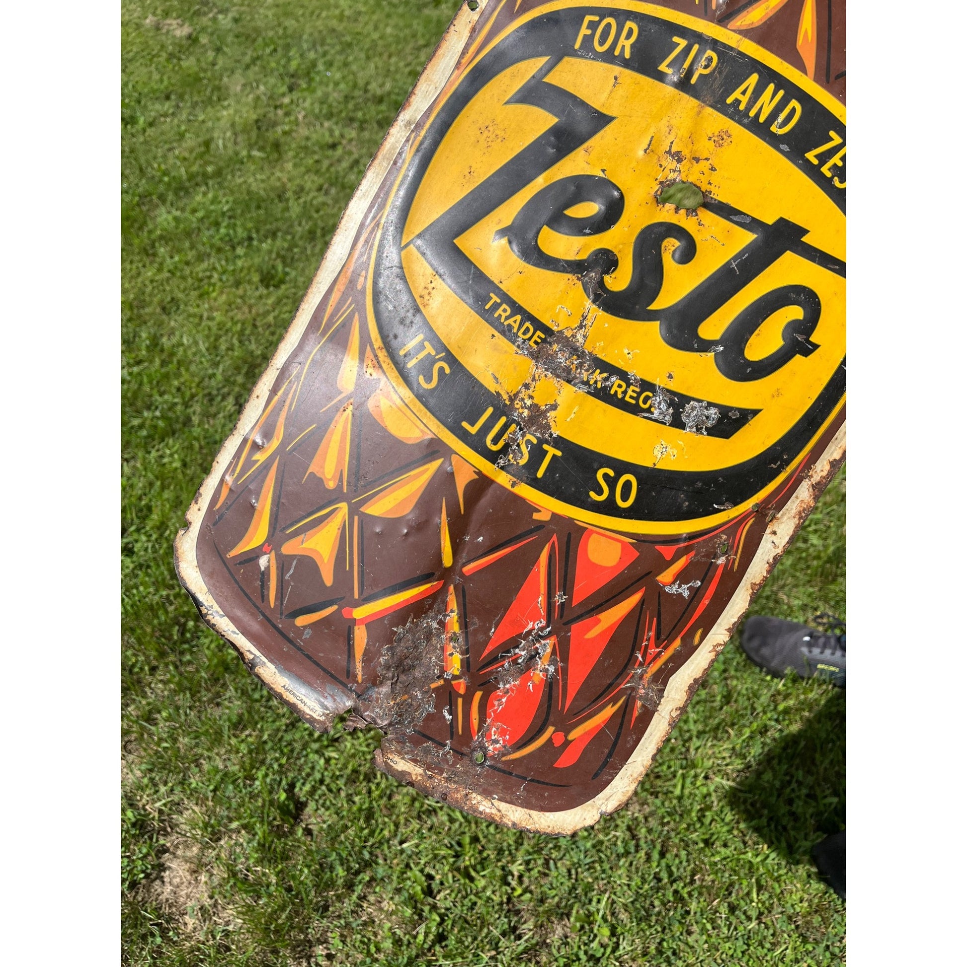 Rare Large Vintage 1930s Zesto Soda Pop Gas Station 44" Embossed Metal Sign