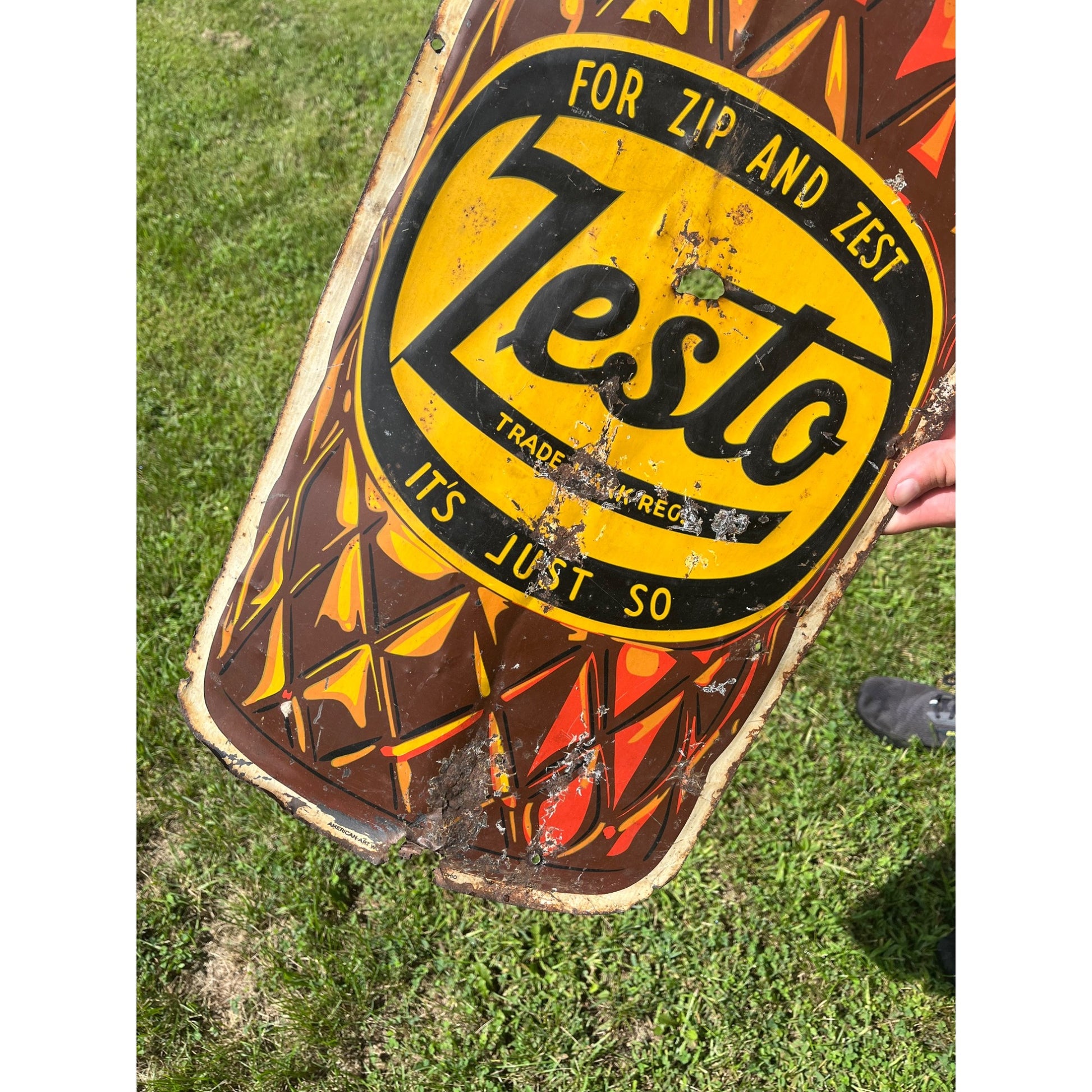 Rare Large Vintage 1930s Zesto Soda Pop Gas Station 44" Embossed Metal Sign
