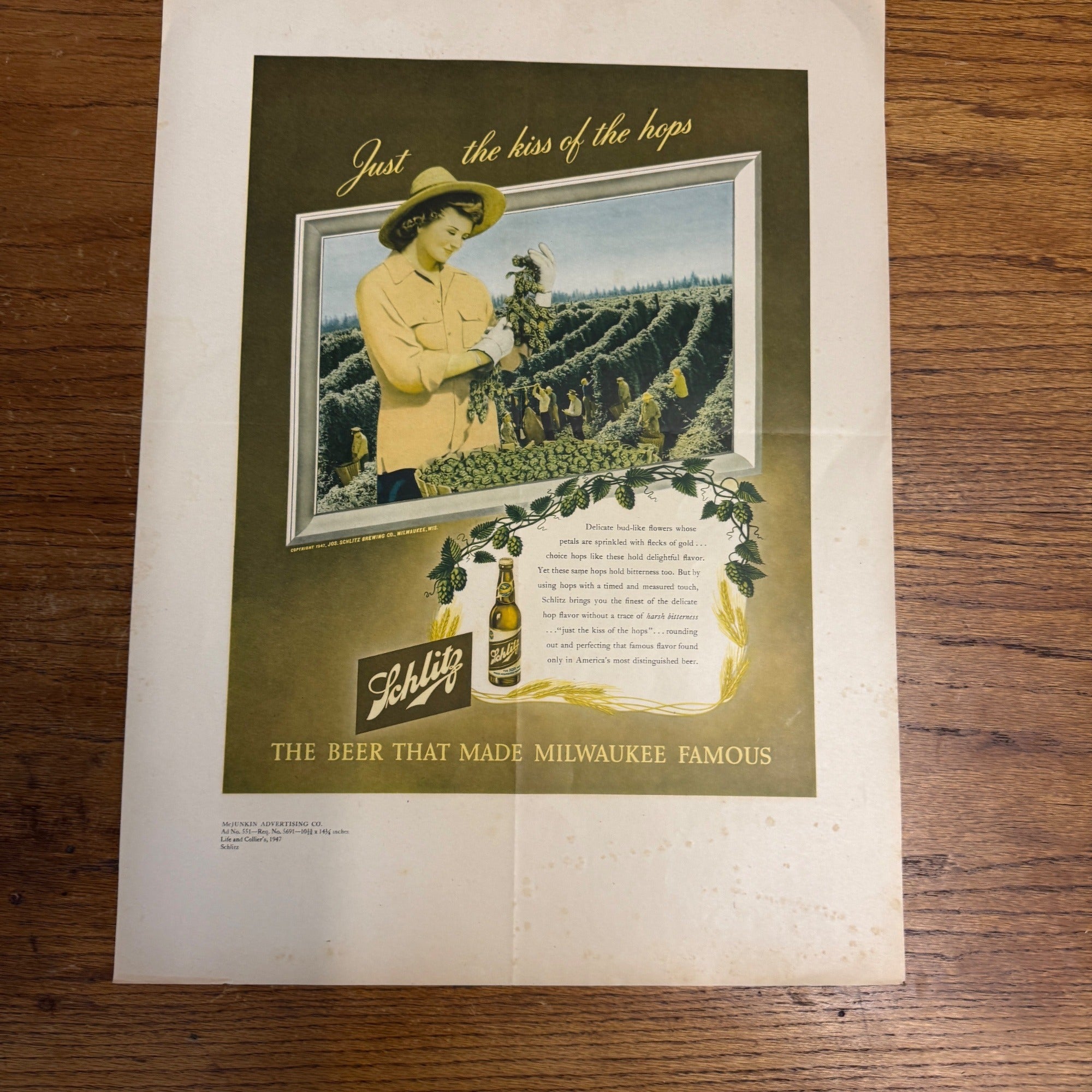 RARE Vintage 1947 Schlitz Milwaukee Beer Original Advertisement PROOF Ad Sign