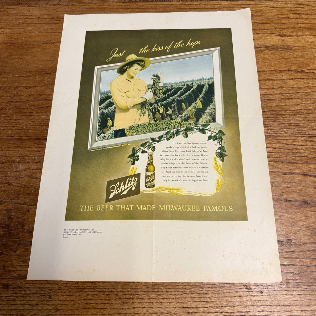 RARE Vintage 1947 Schlitz Milwaukee Beer Original Advertisement PROOF Ad Sign