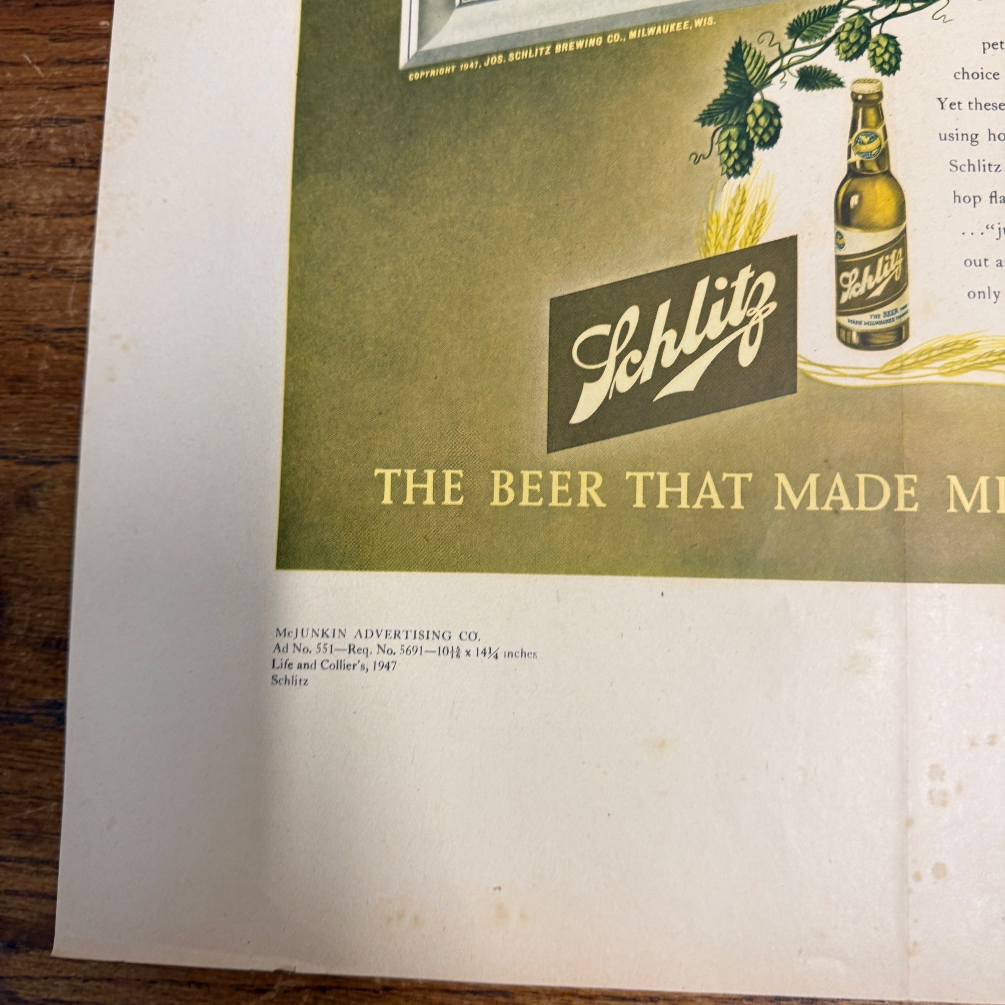 RARE Vintage 1947 Schlitz Milwaukee Beer Original Advertisement PROOF Ad Sign