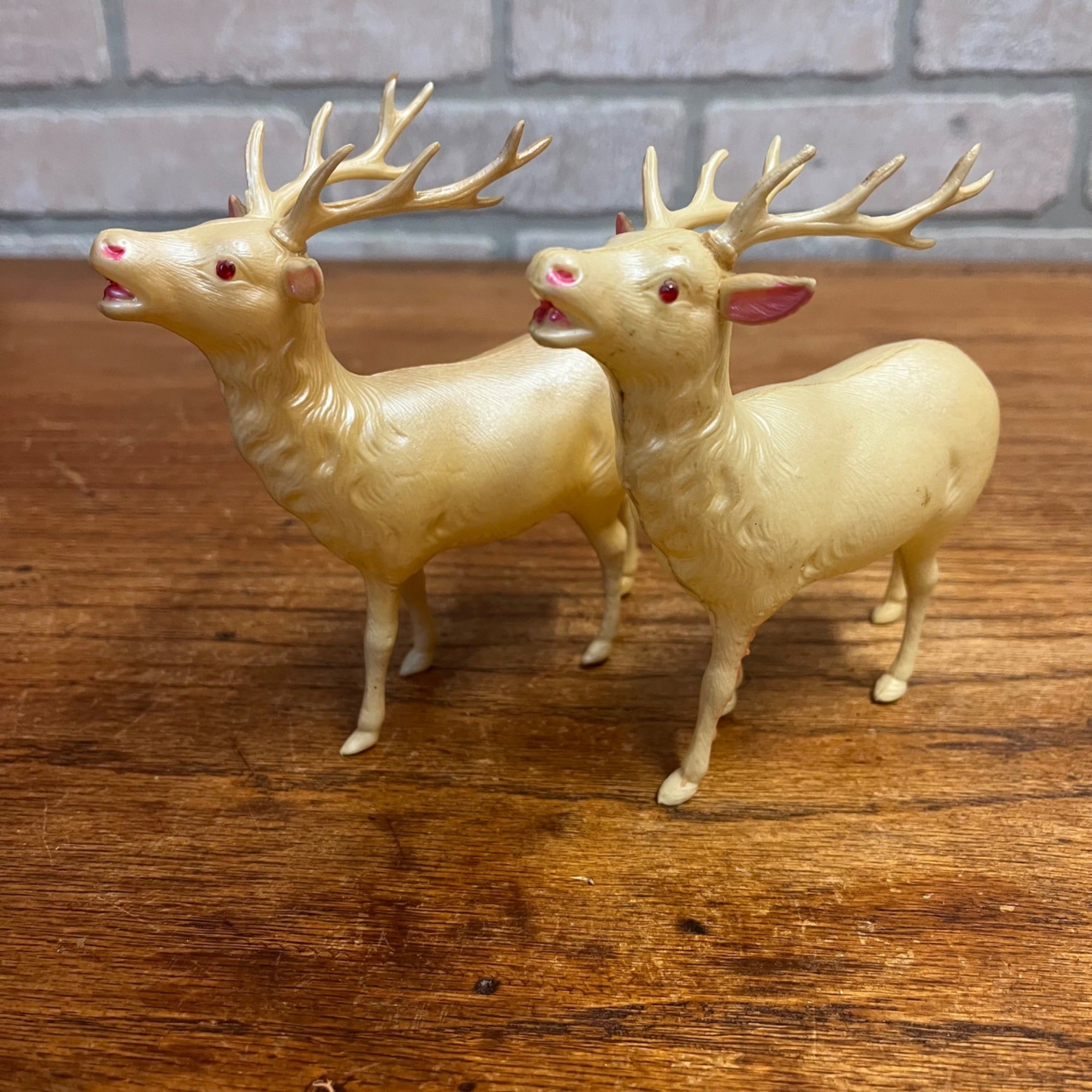 Vintage White Celluloid Reindeer Lot (2) Christmas Decor 5" Red Eyes - Japan