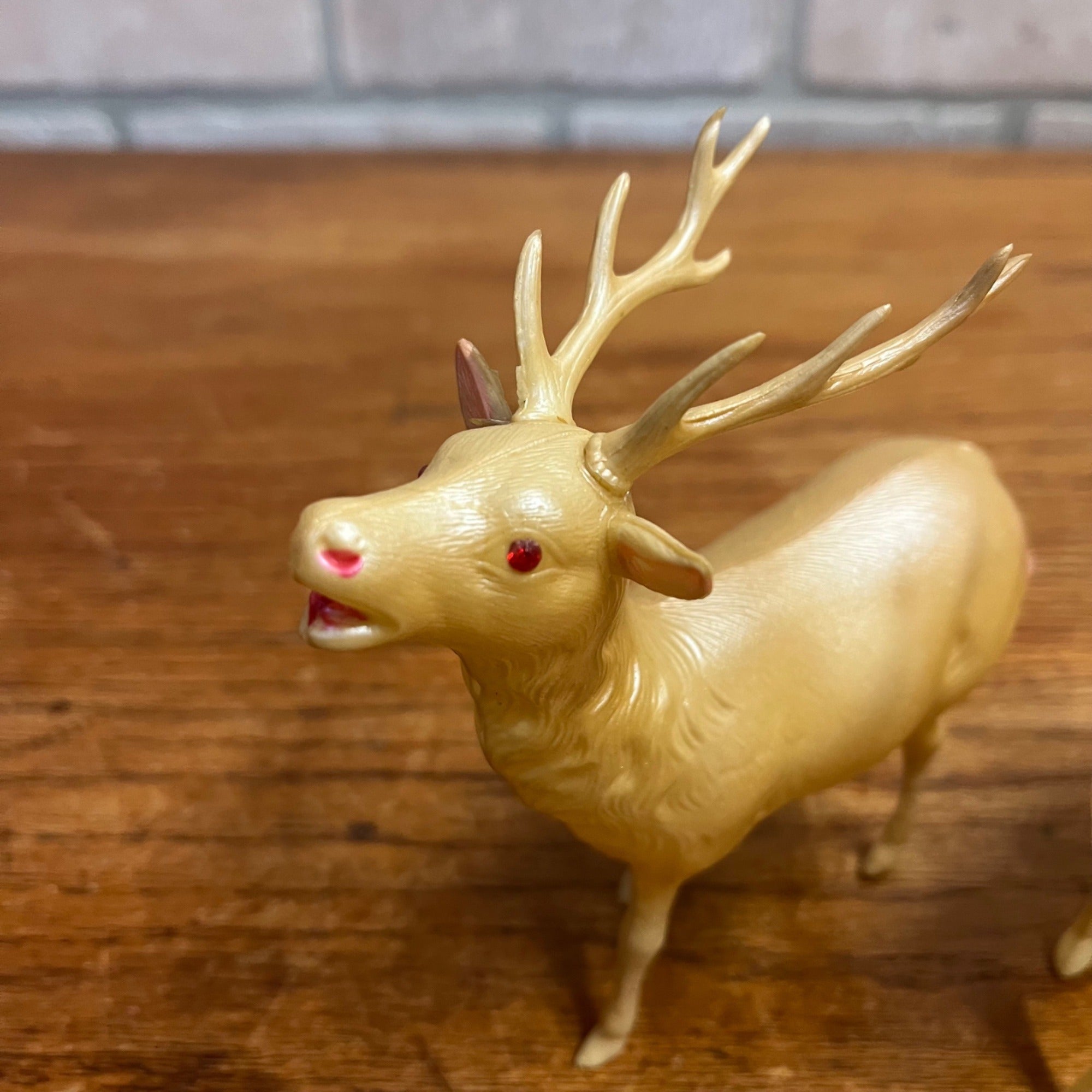 Vintage White Celluloid Reindeer Lot (2) Christmas Decor 5" Red Eyes - Japan
