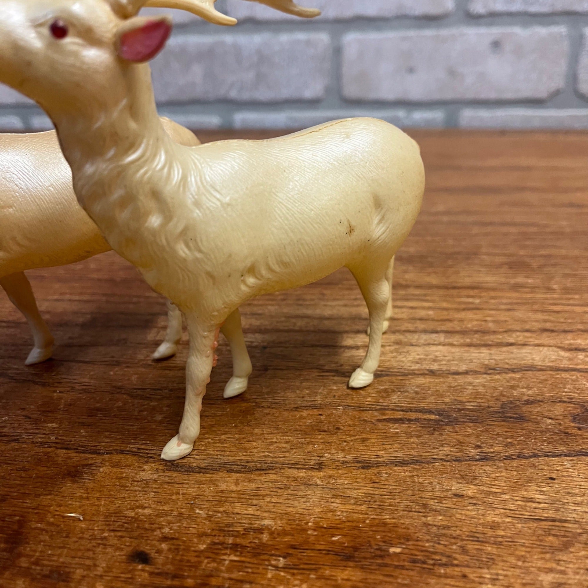 Vintage White Celluloid Reindeer Lot (2) Christmas Decor 5" Red Eyes - Japan