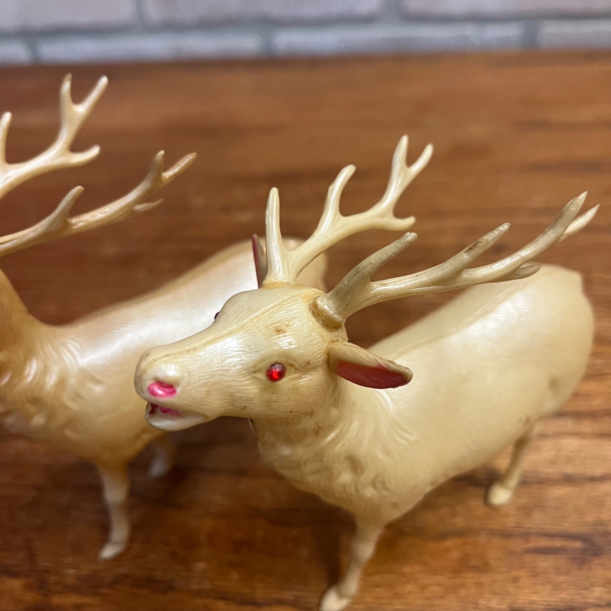 Vintage White Celluloid Reindeer Lot (2) Christmas Decor 5" Red Eyes - Japan