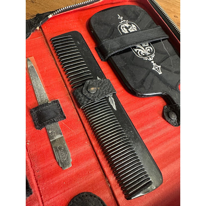 Vintage 1940s Art Deco Black Woman's Ladies Vanity Grooming Cased Set Mirror Brush Comb