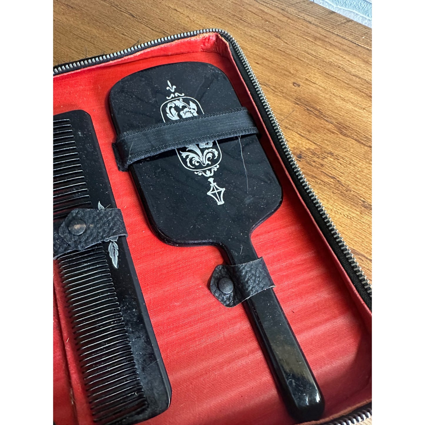 Vintage 1940s Art Deco Black Woman's Ladies Vanity Grooming Cased Set Mirror Brush Comb