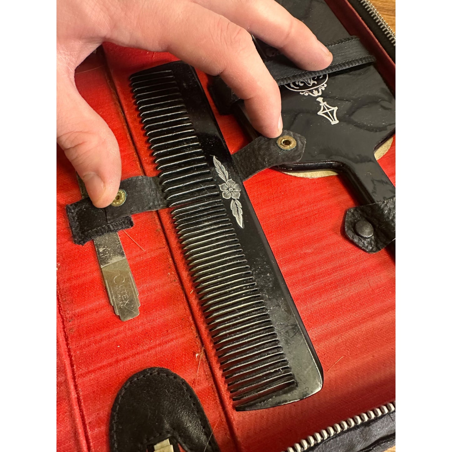 Vintage 1940s Art Deco Black Woman's Ladies Vanity Grooming Cased Set Mirror Brush Comb