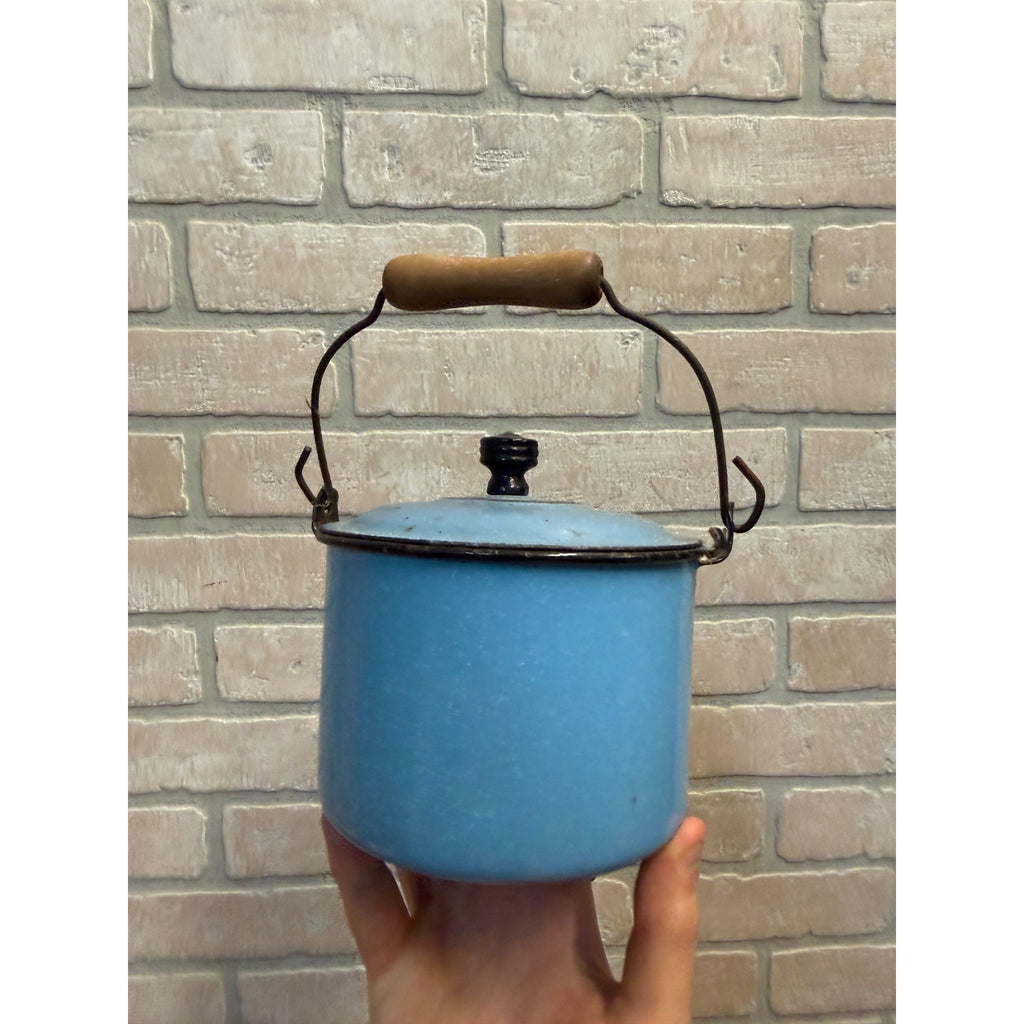 Vintage Small Enamel Berry Bucket Pail Stock Pit W/ Lid Blue Kitchen Enamelware