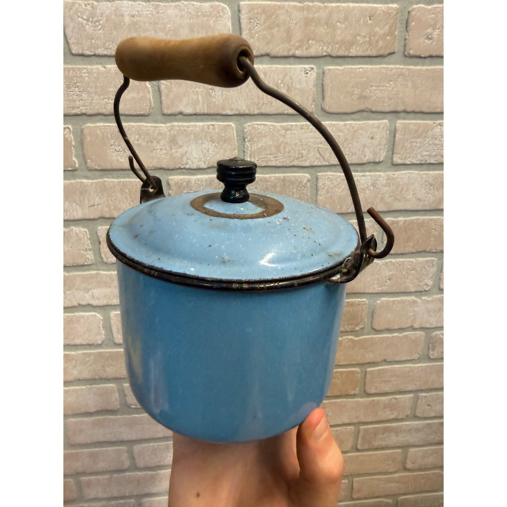 Vintage Small Enamel Berry Bucket Pail Stock Pit W/ Lid Blue Kitchen Enamelware