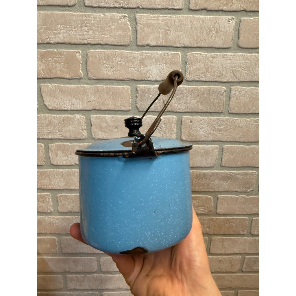 Vintage Small Enamel Berry Bucket Pail Stock Pit W/ Lid Blue Kitchen Enamelware