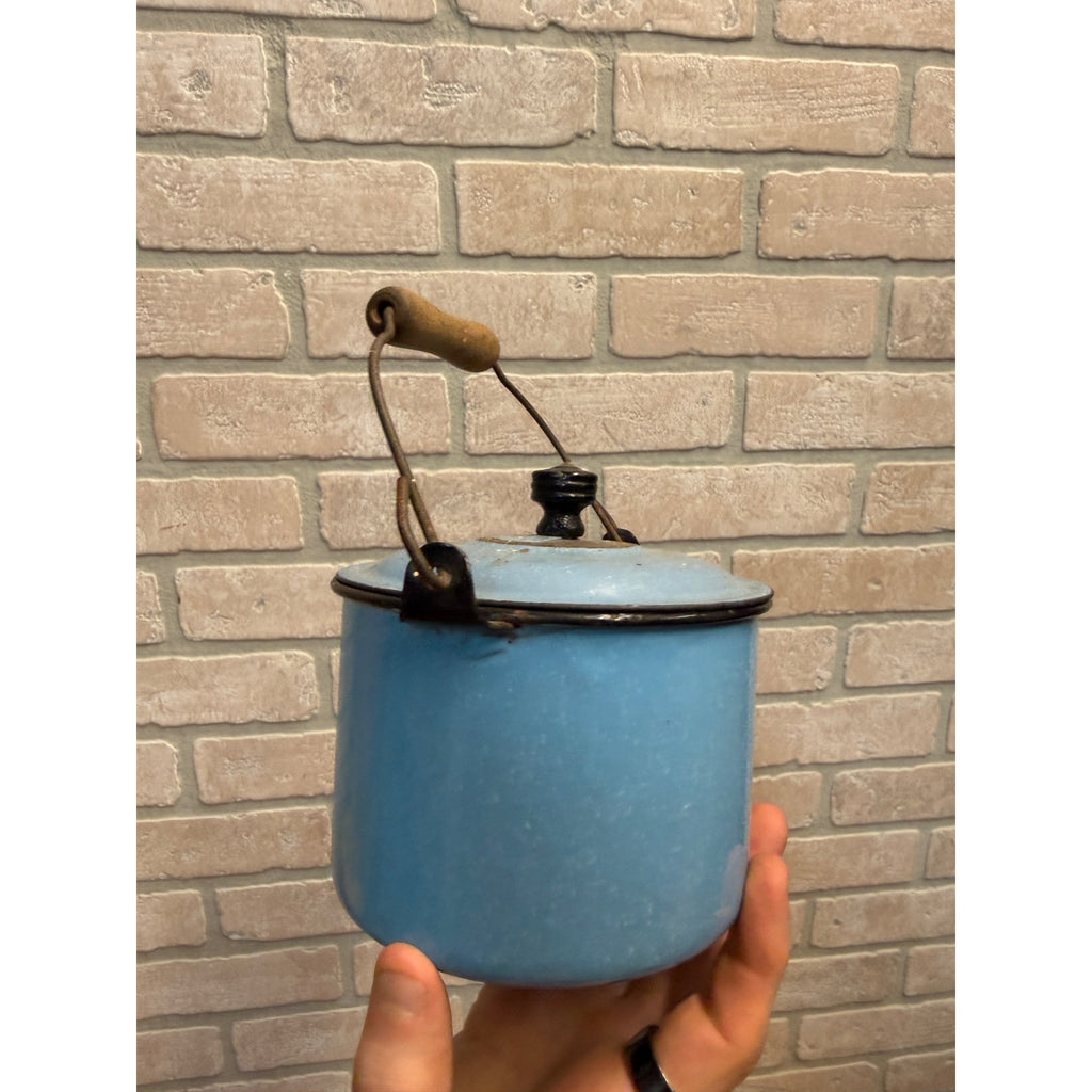 Vintage Small Enamel Berry Bucket Pail Stock Pit W/ Lid Blue Kitchen Enamelware