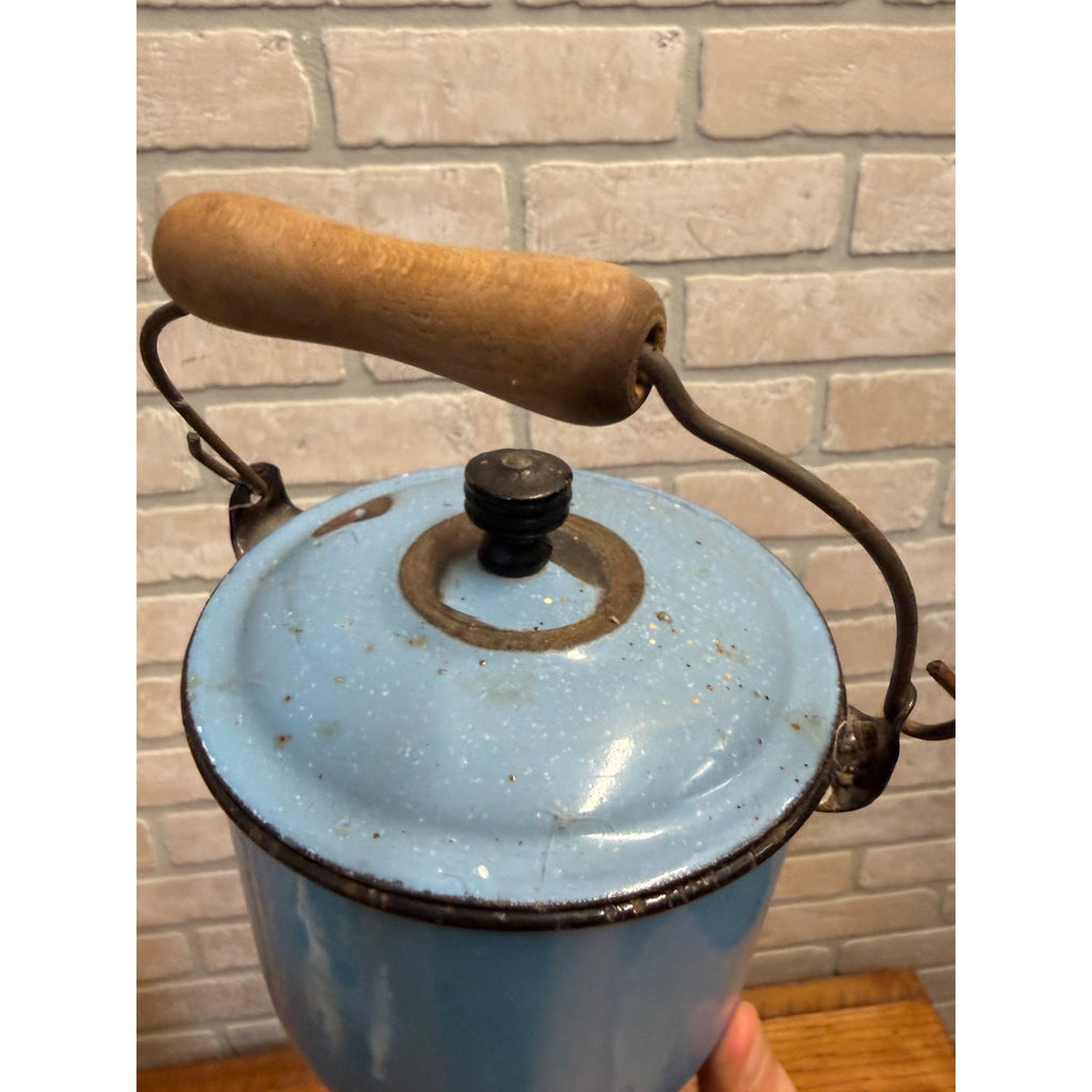Vintage Small Enamel Berry Bucket Pail Stock Pit W/ Lid Blue Kitchen Enamelware