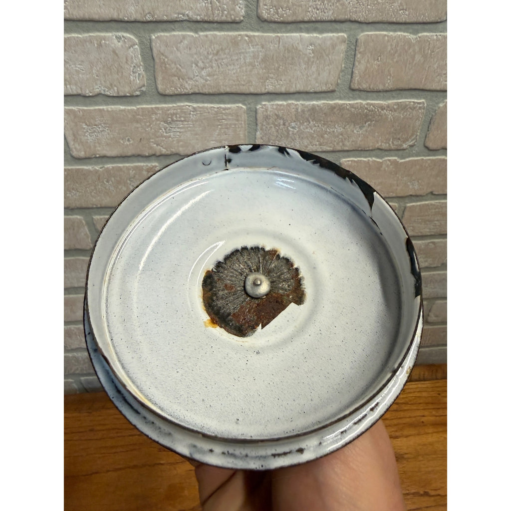 Vintage Small Enamel Berry Bucket Pail Stock Pit W/ Lid Blue Kitchen Enamelware
