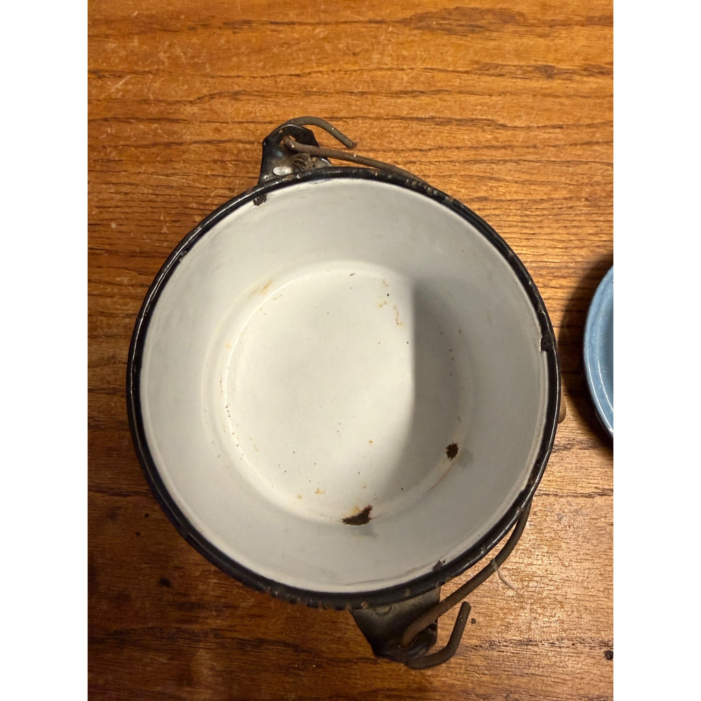Vintage Small Enamel Berry Bucket Pail Stock Pit W/ Lid Blue Kitchen Enamelware