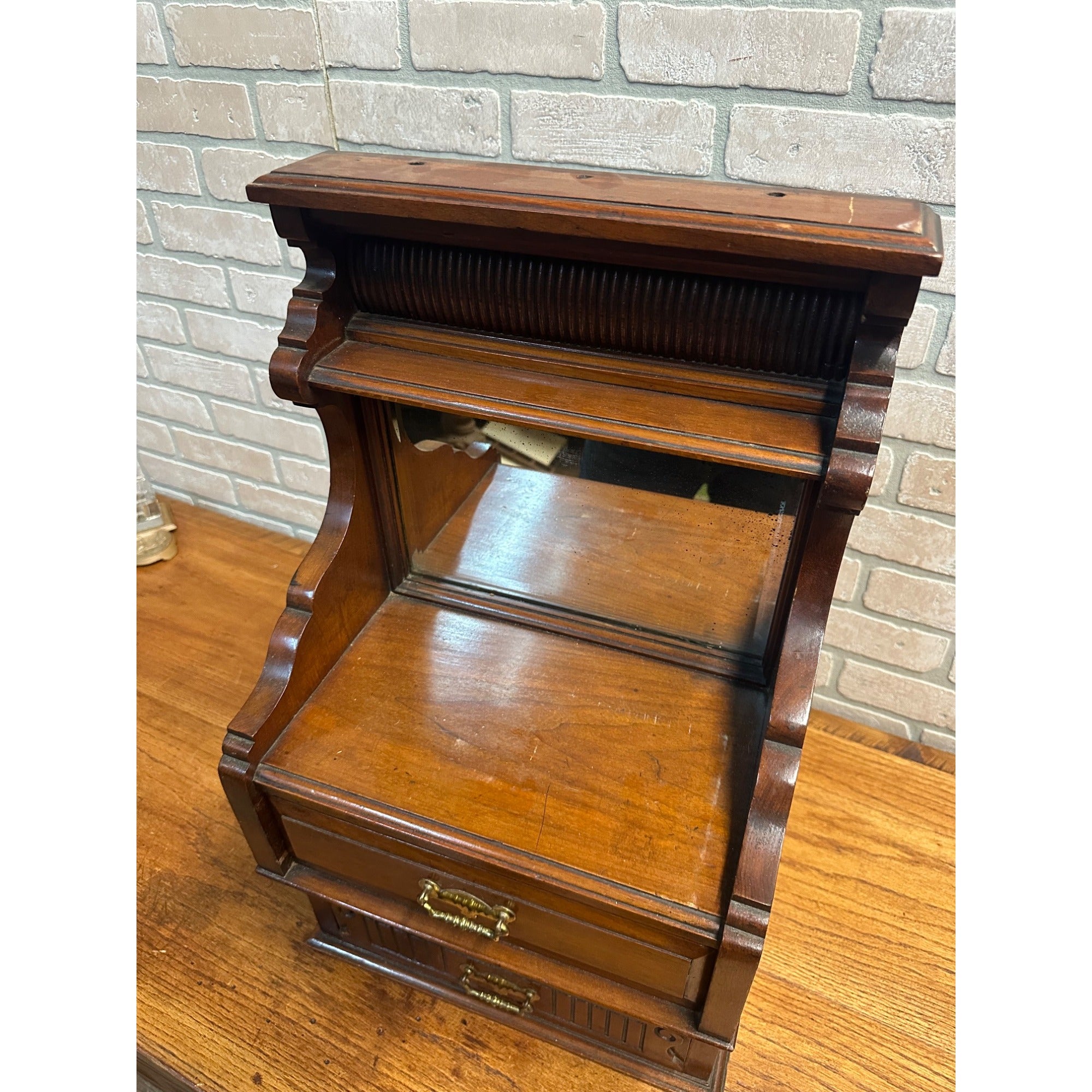 Antique Victorian 2-Drawer Mirrored Shaving Cabinet Bathroom Vanity Tabletop