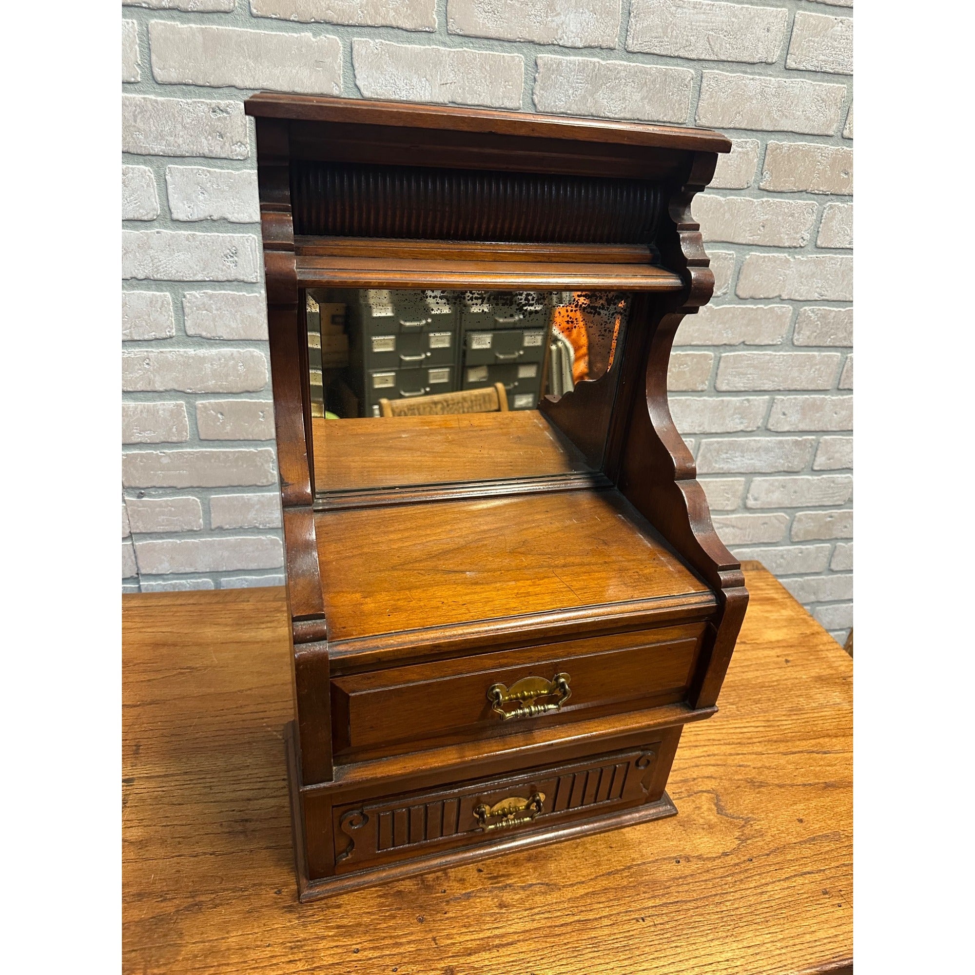 Antique Victorian 2-Drawer Mirrored Shaving Cabinet Bathroom Vanity Tabletop