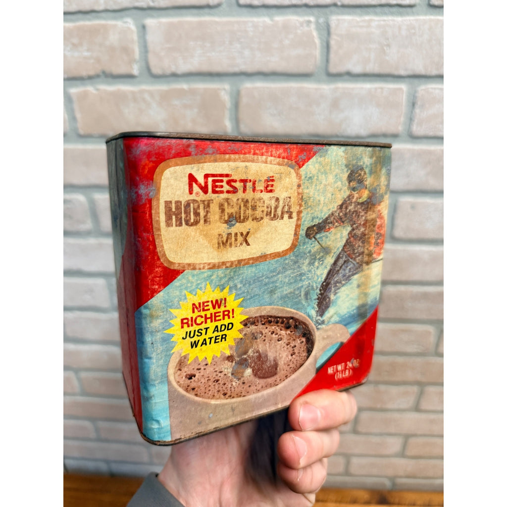 ANTIQUE NESTLE 24OZ HOT COCOA TIN CHOCOLATE CAN CAMPING SKIING GROCERY STORE
