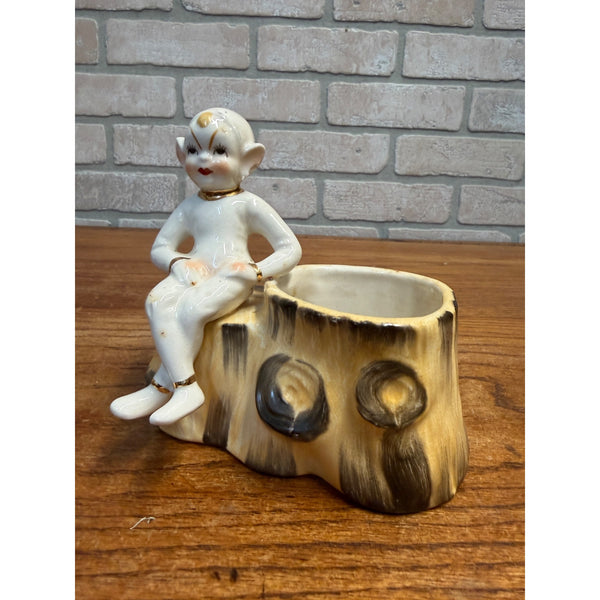 Vintage Christmas Red Pixie Elf Sprite Tree Stump Ceramic Planter