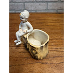 Vintage Christmas Red Pixie Elf Sprite Tree Stump Ceramic Planter