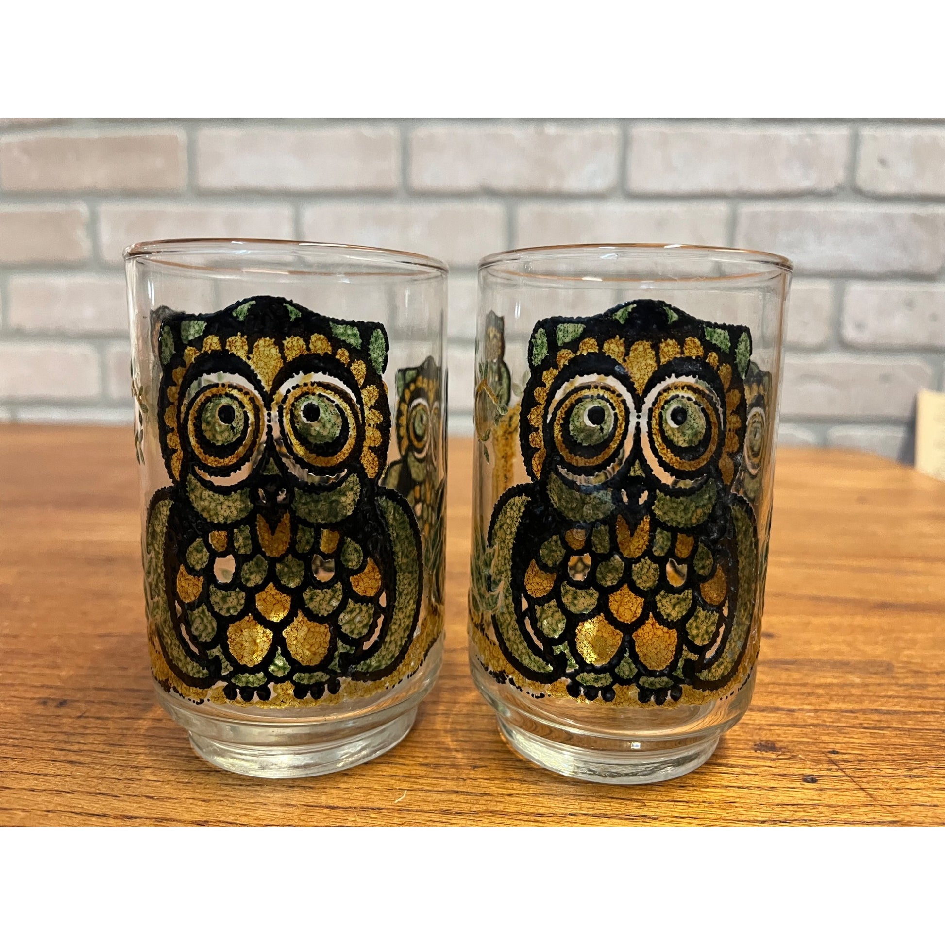 Set Of 2 Vintage Libbey Owl Raised Stained Glass Tumbler Glasses 11 oz 1970s