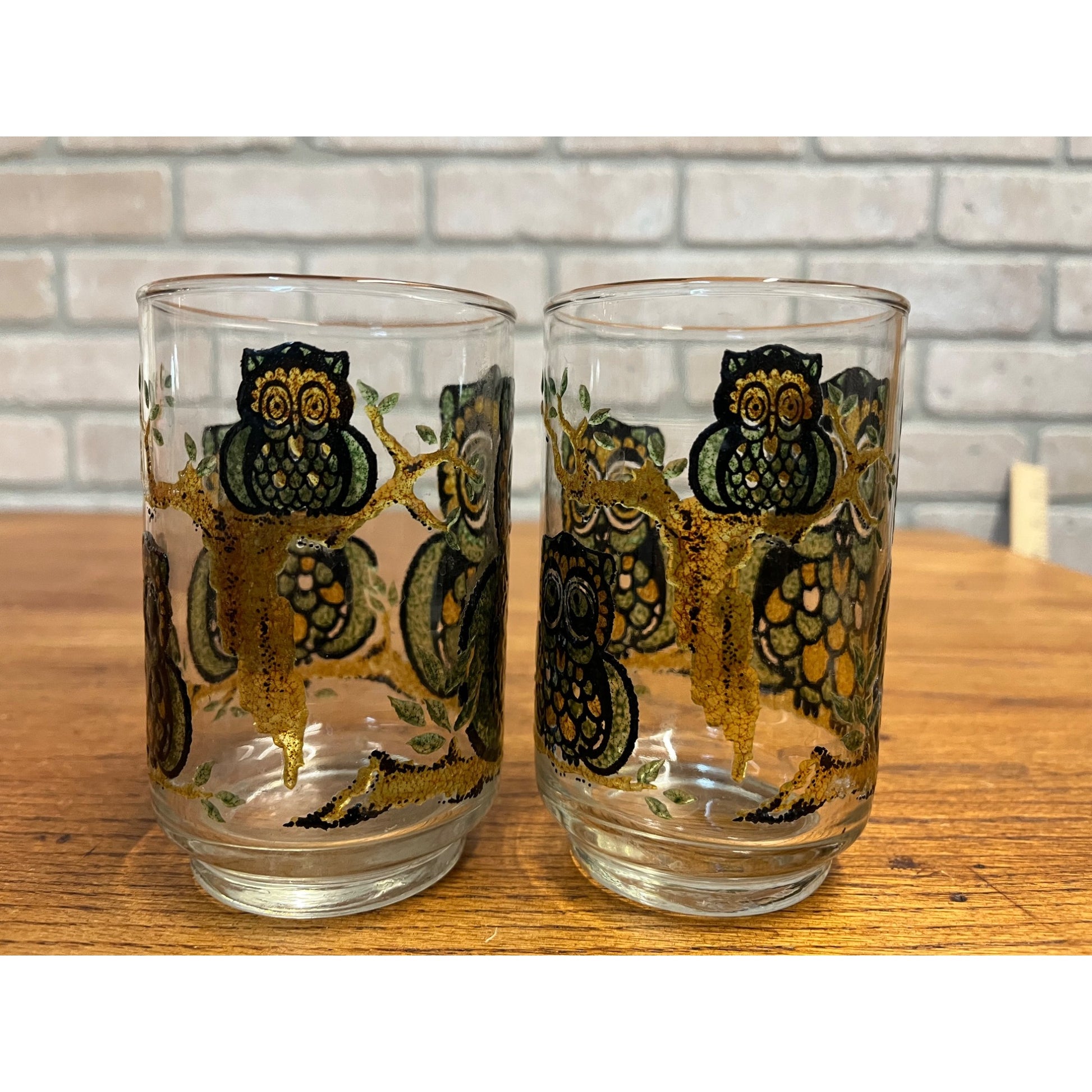 Set Of 2 Vintage Libbey Owl Raised Stained Glass Tumbler Glasses 11 oz 1970s