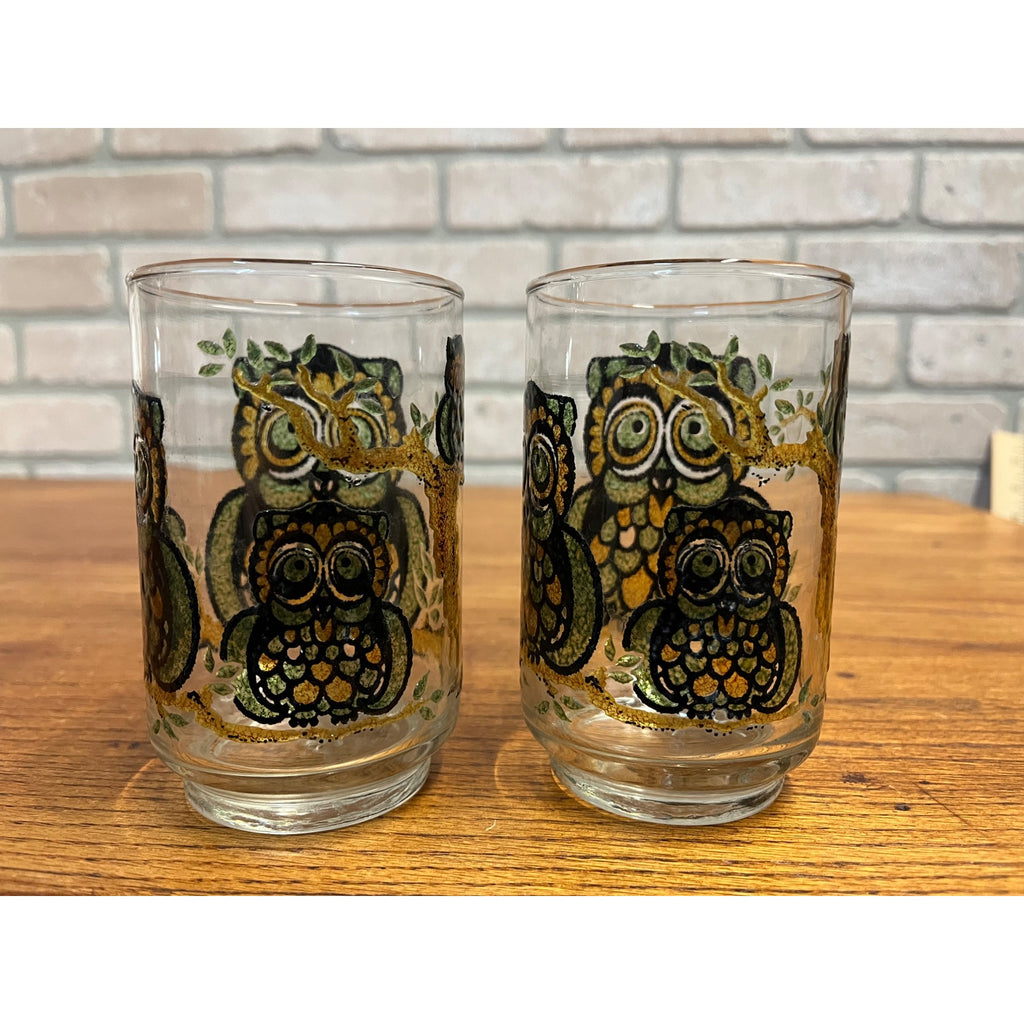 Set Of 2 Vintage Libbey Owl Raised Stained Glass Tumbler Glasses 11 oz 1970s