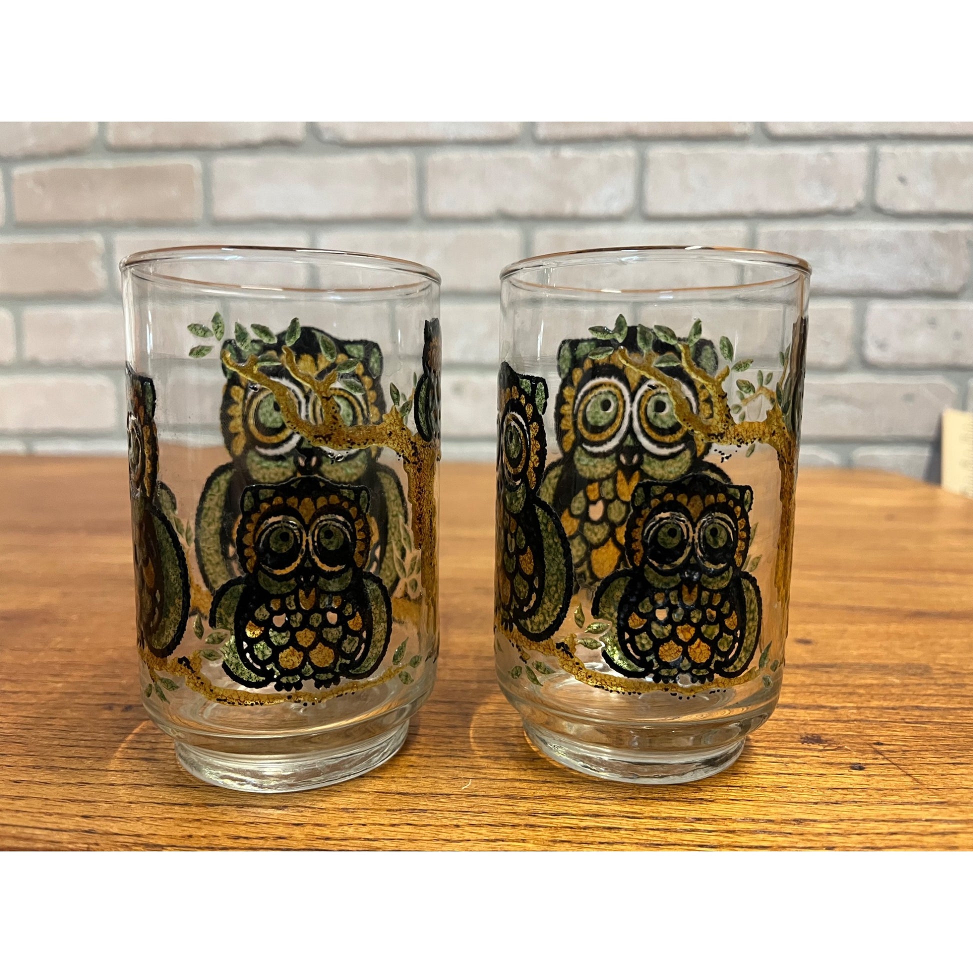 Set Of 2 Vintage Libbey Owl Raised Stained Glass Tumbler Glasses 11 oz 1970s