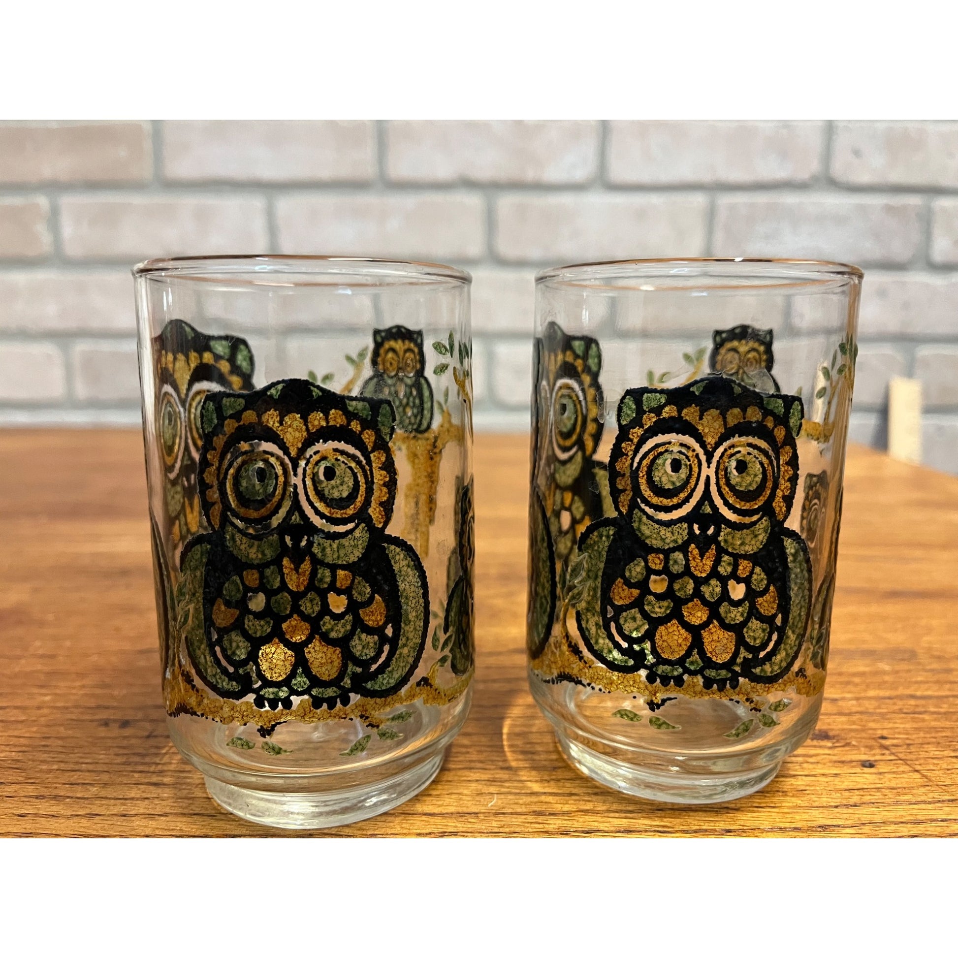 Set Of 2 Vintage Libbey Owl Raised Stained Glass Tumbler Glasses 11 oz 1970s