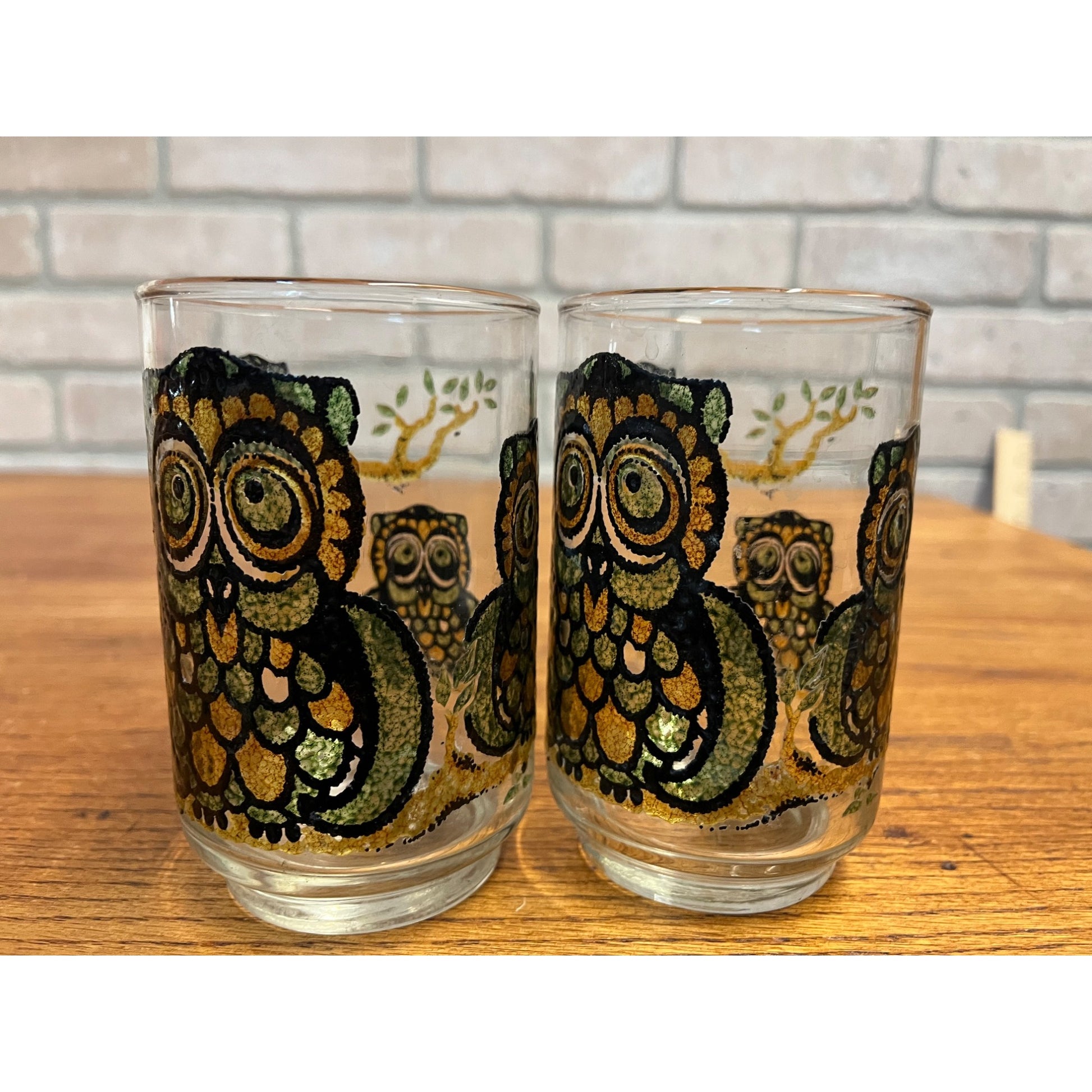 Set Of 2 Vintage Libbey Owl Raised Stained Glass Tumbler Glasses 11 oz 1970s