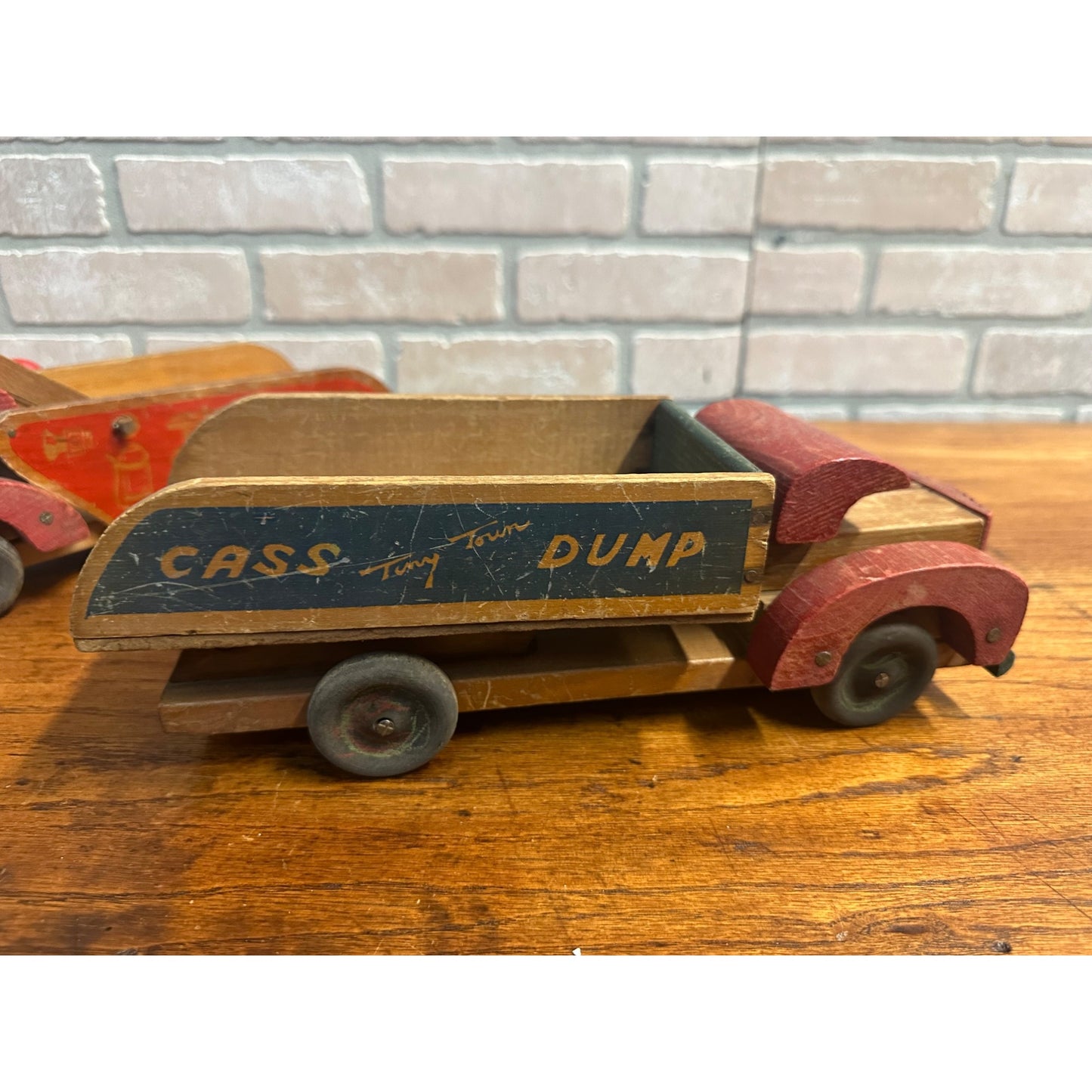 RARE Vintage 1940s Cass Tiny Town Wooden Firetruck & Dump Truck Toys