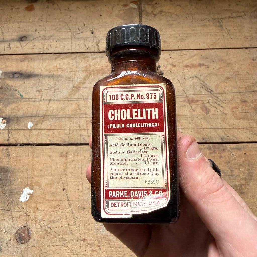 Antique Cholelith Pills Parke Davis Drug Store Pharmacy Bottle Detroit FULL