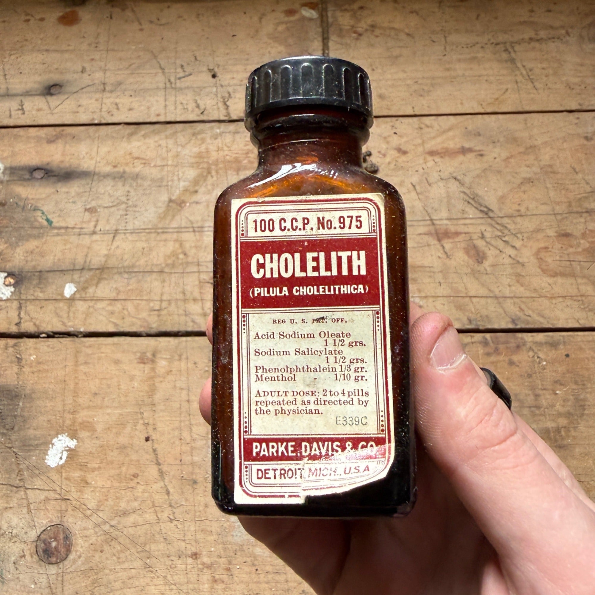 Antique Cholelith Pills Parke Davis Drug Store Pharmacy Bottle Detroit FULL