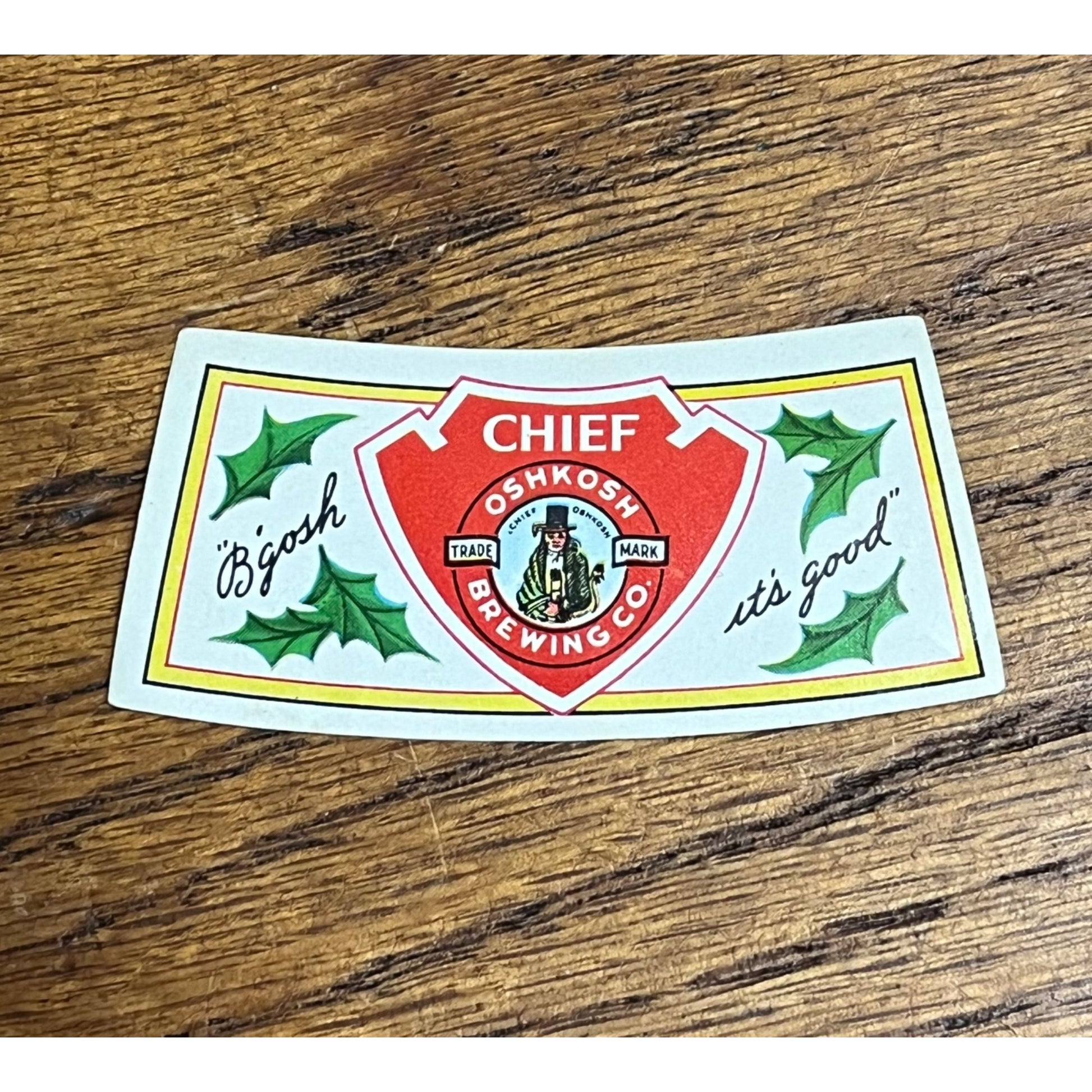 Vintage 1950s Chief Oshkosh Beer Bottle Neck Label Wisconsin Wis WI Brewing Co