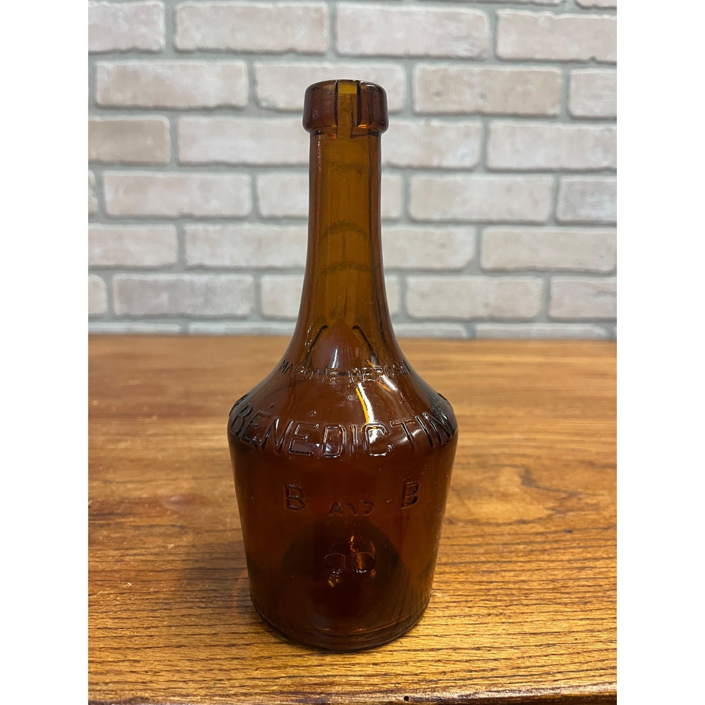 Antique Benedictine Wine Bottle Amber Brown Embossed Glass Bottle