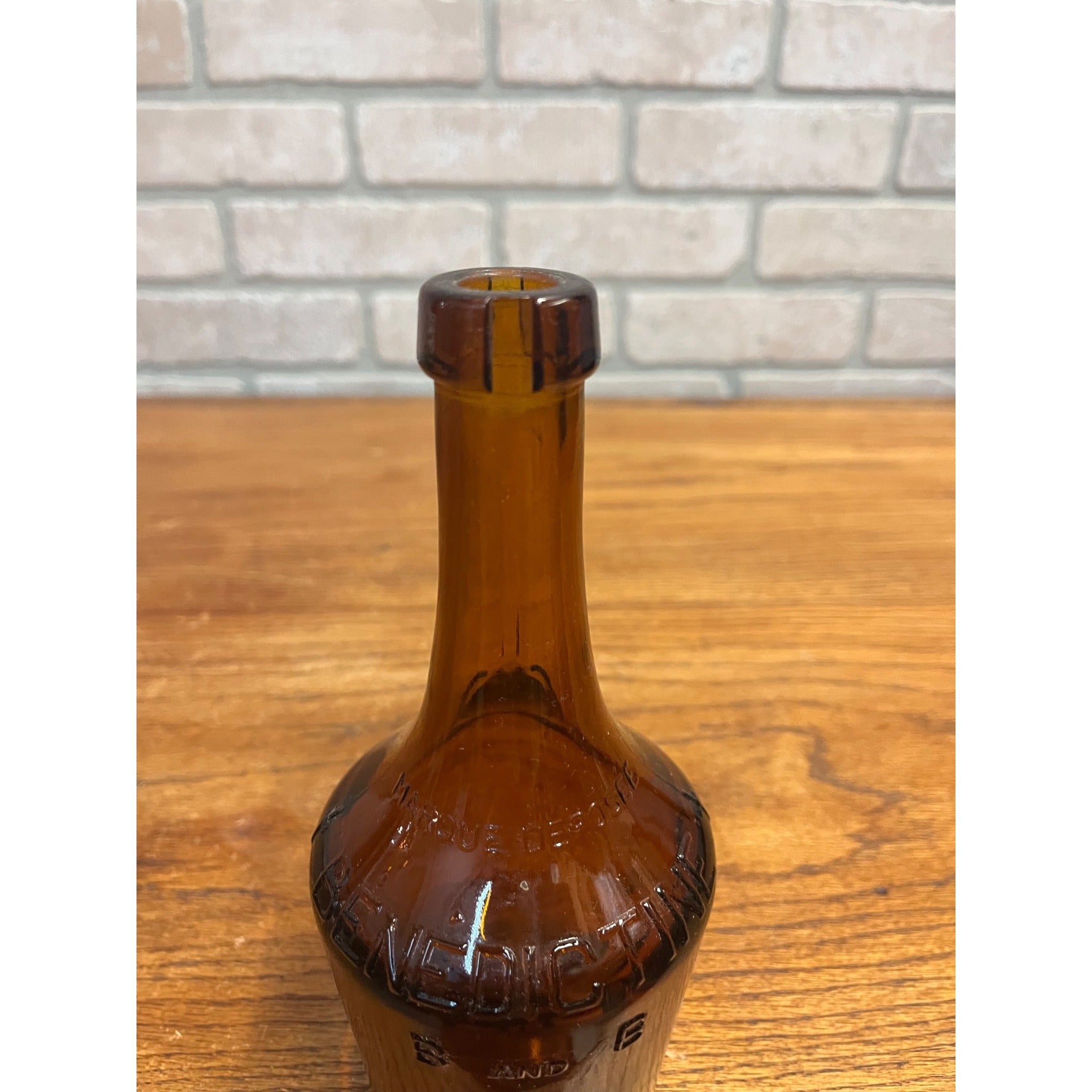 Antique Benedictine Wine Bottle Amber Brown Embossed Glass Bottle