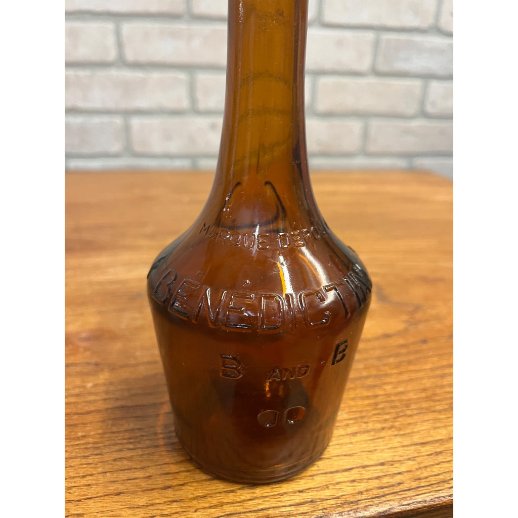 Antique Benedictine Wine Bottle Amber Brown Embossed Glass Bottle