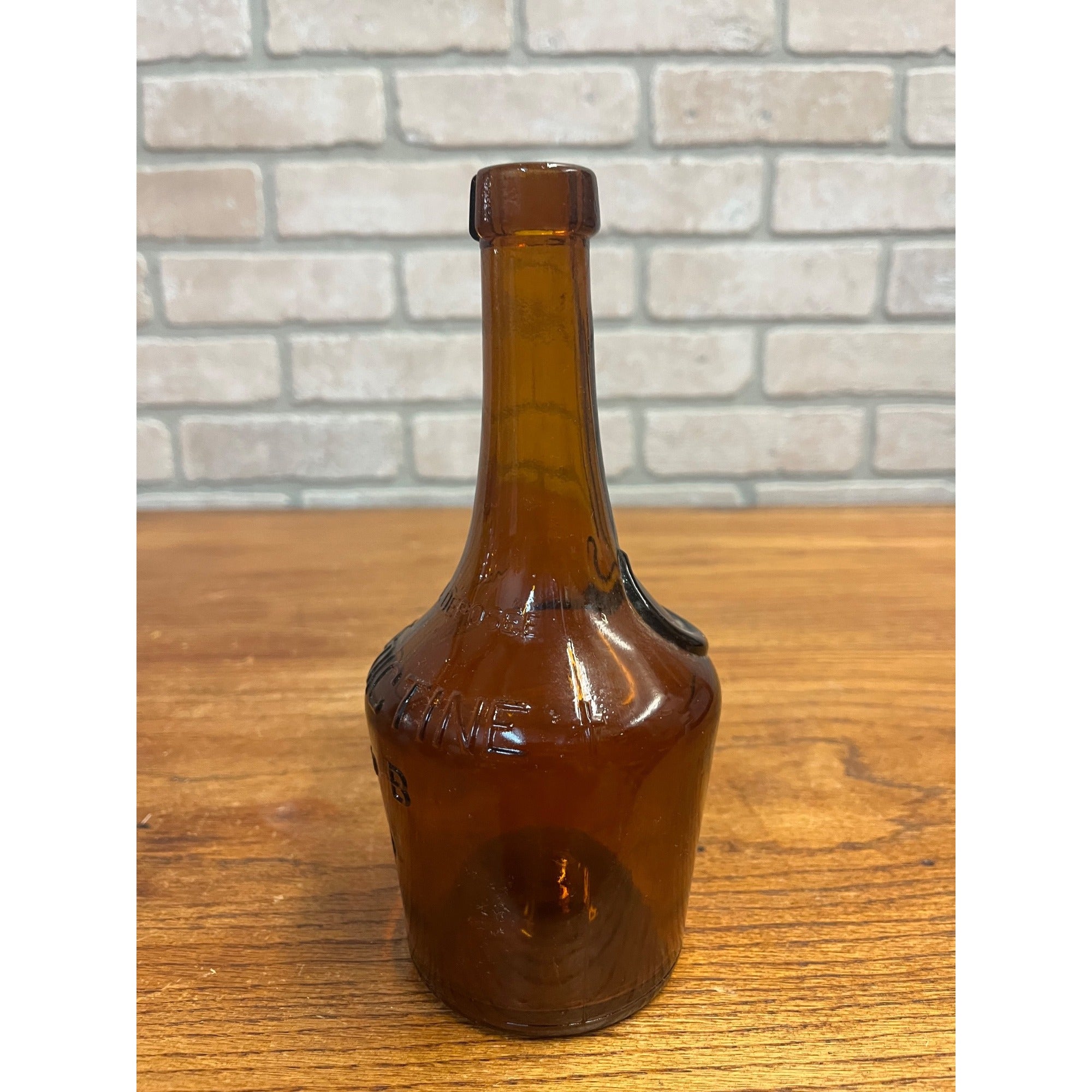 Antique Benedictine Wine Bottle Amber Brown Embossed Glass Bottle