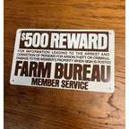 Vintage Farm Bureau Member Service $500 Reward Tin Metal Sign Dairy Advertising